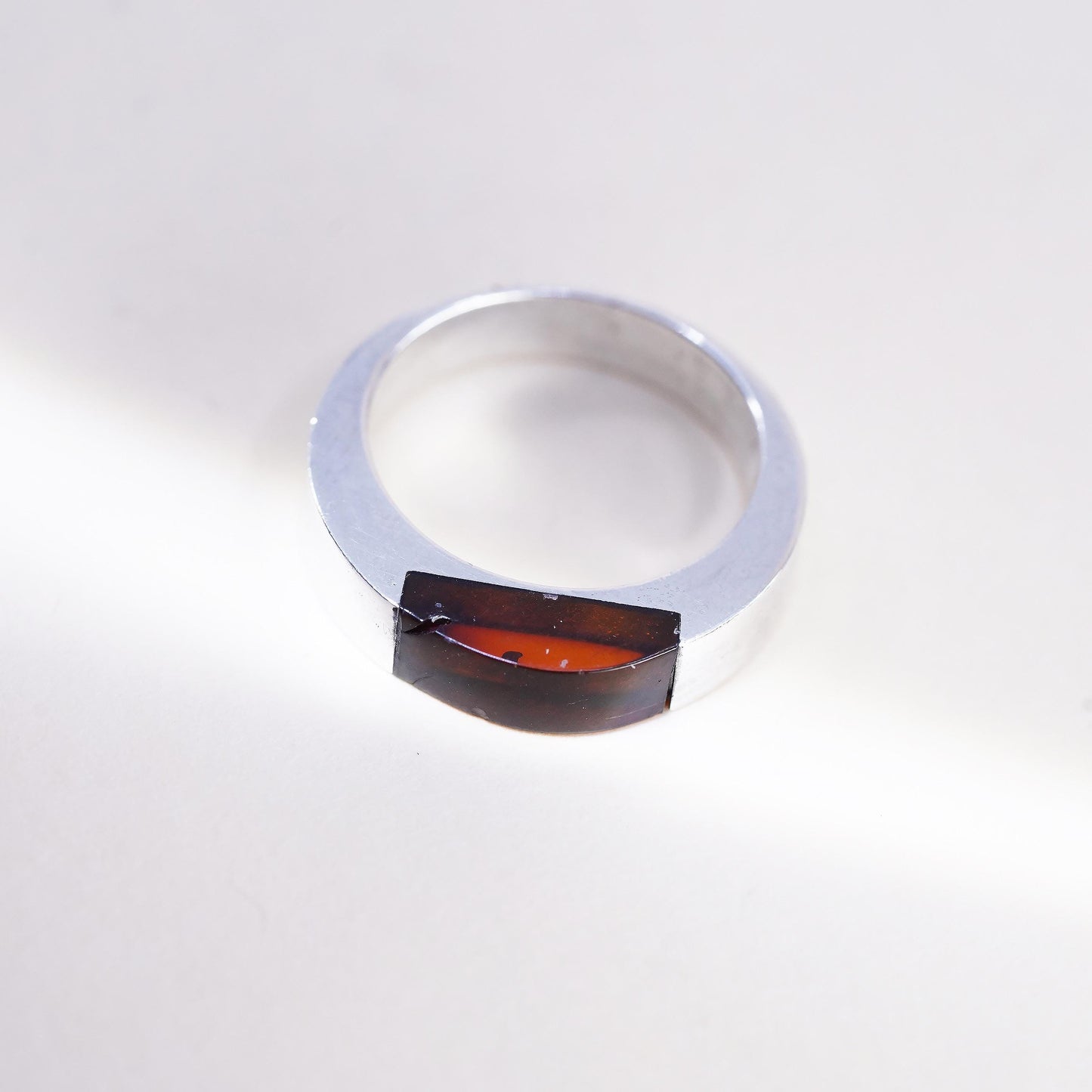 Size 6.5, Vintage sterling silver 925 handmade band ring with Amber inlay