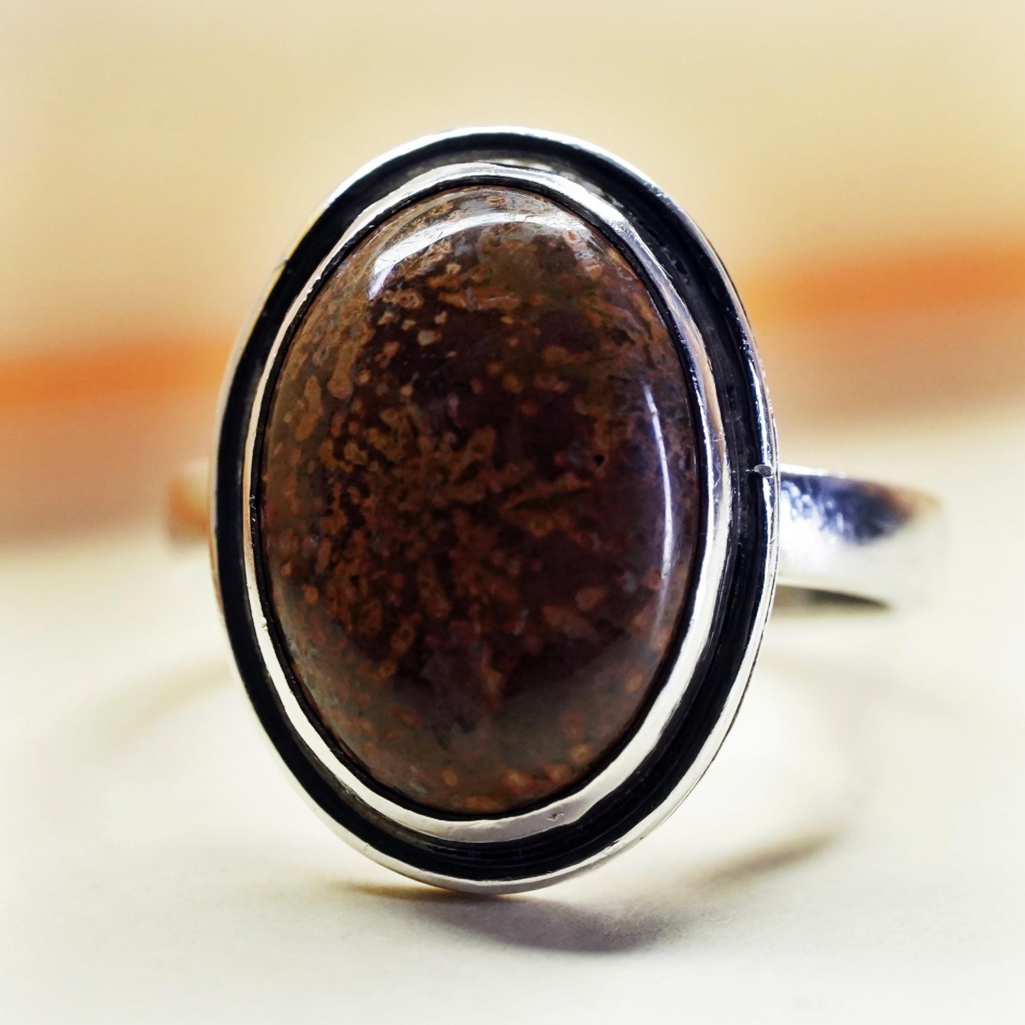Size 8.25, vintage southwestern sterling 925 silver ring with oval brown jasper