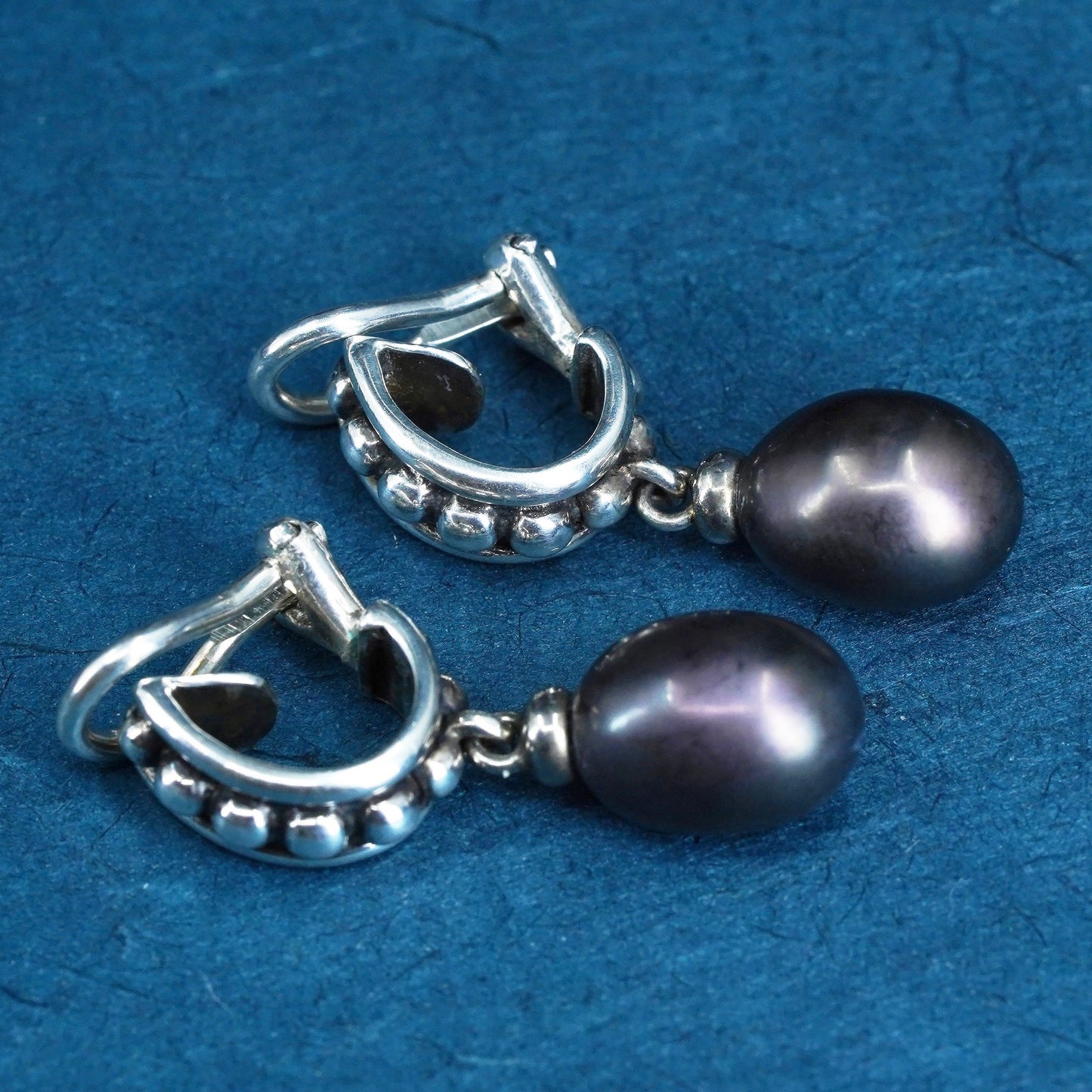 Vintage sterling silver 925 handmade clip on earrings with black pearl beads