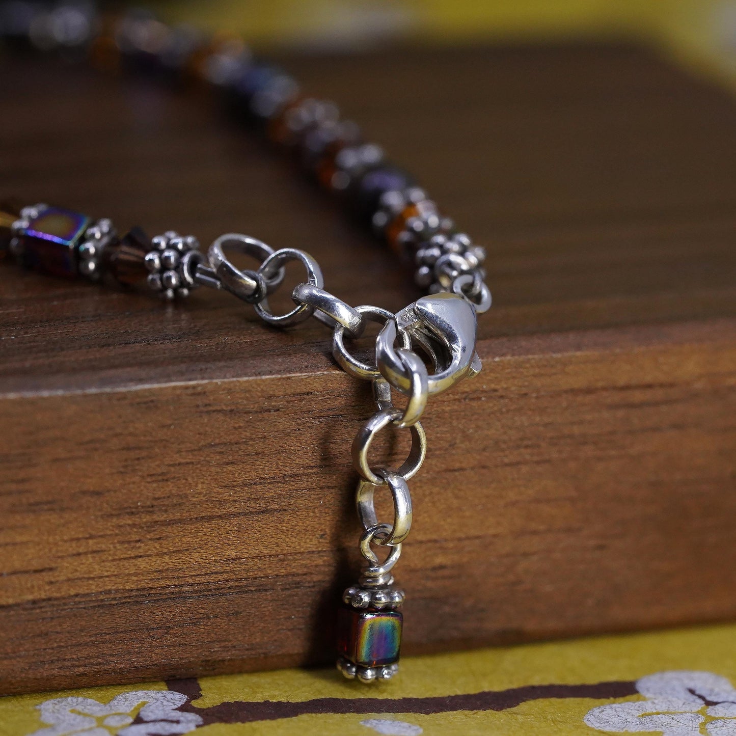 7+1”, vintage Sterling silver garnet citrine beads bracelet with black pearl