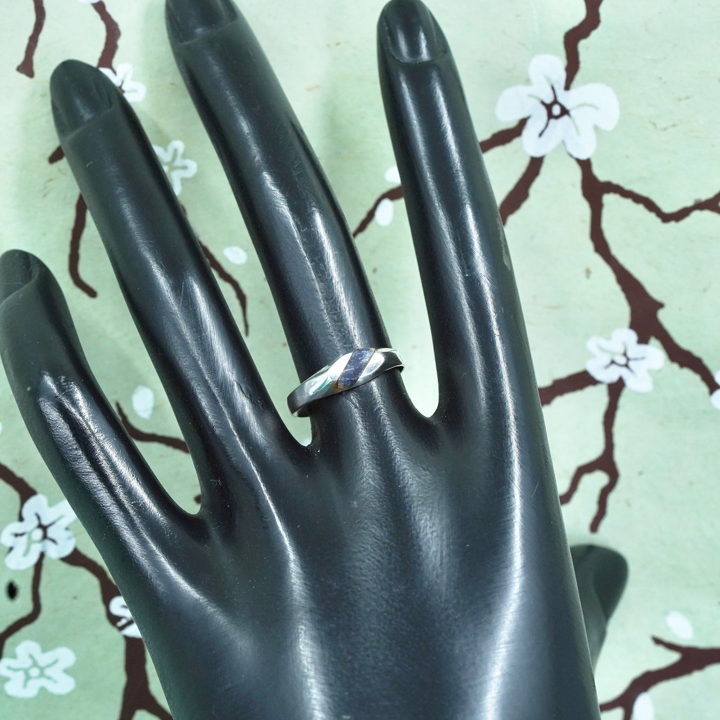 Size 7.5, Mexico sterling silver handmade ring, 925 stackable band w/ sodalite