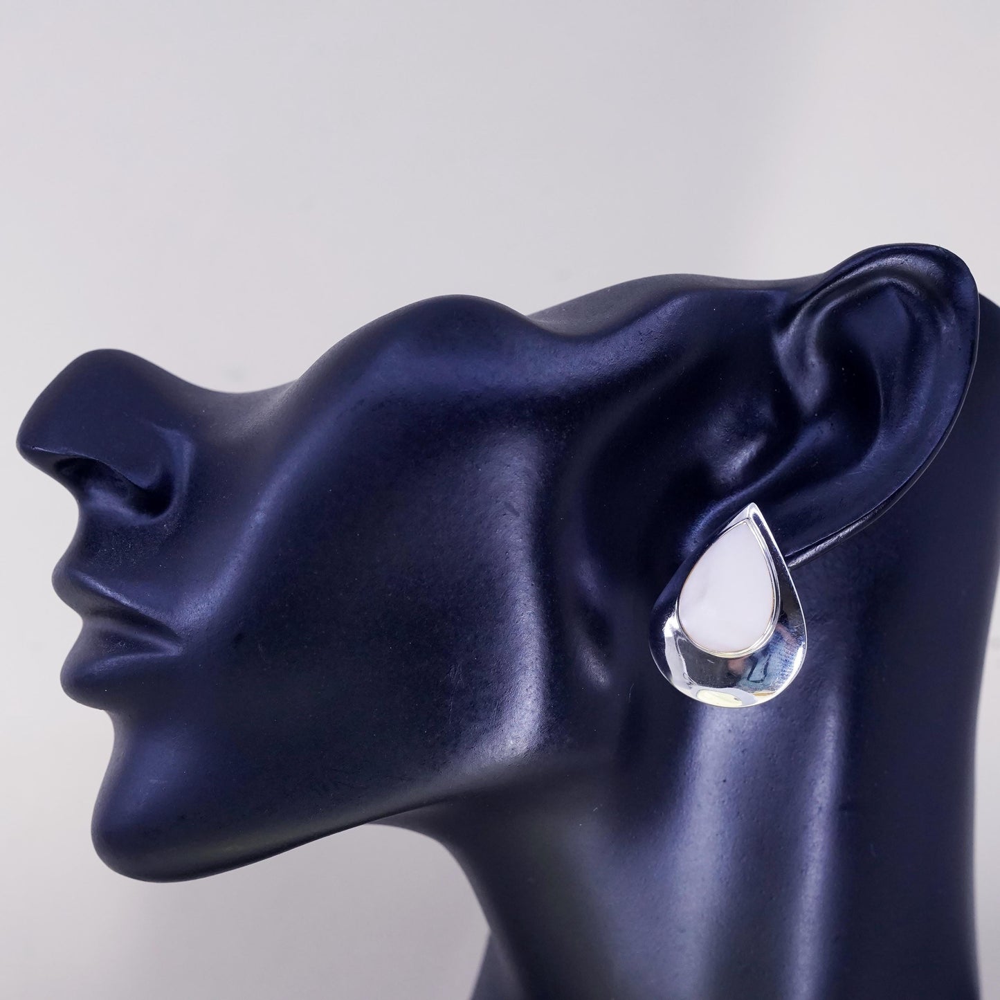 Vintage Sterling silver handmade earrings, 925 teardrop studs mother of pearl