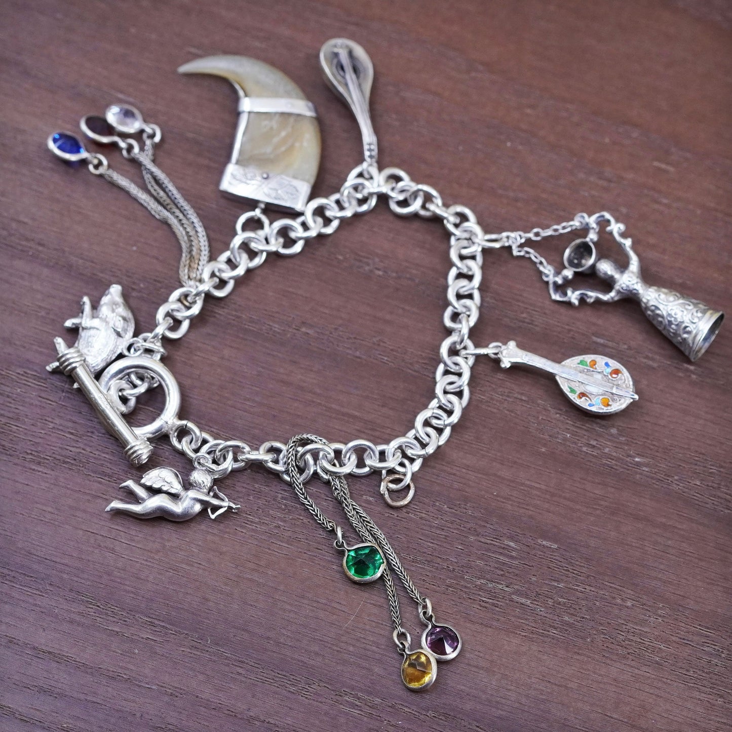 6” Sterling silver handmade bracelet, 925 circle chain with Angel pig 8 charms