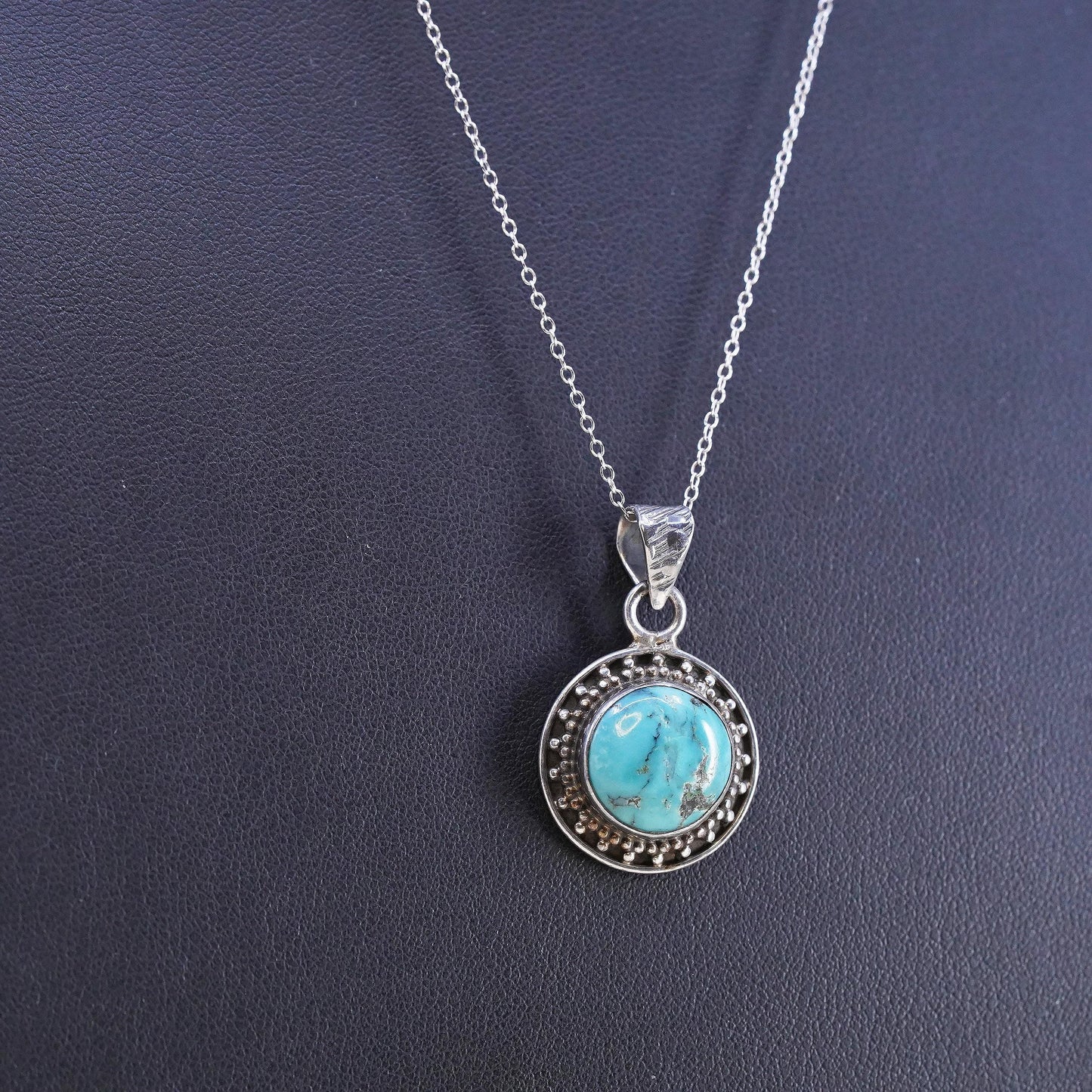 18", Southwestern Sterling silver necklace, 925 circle turquoise round pendant