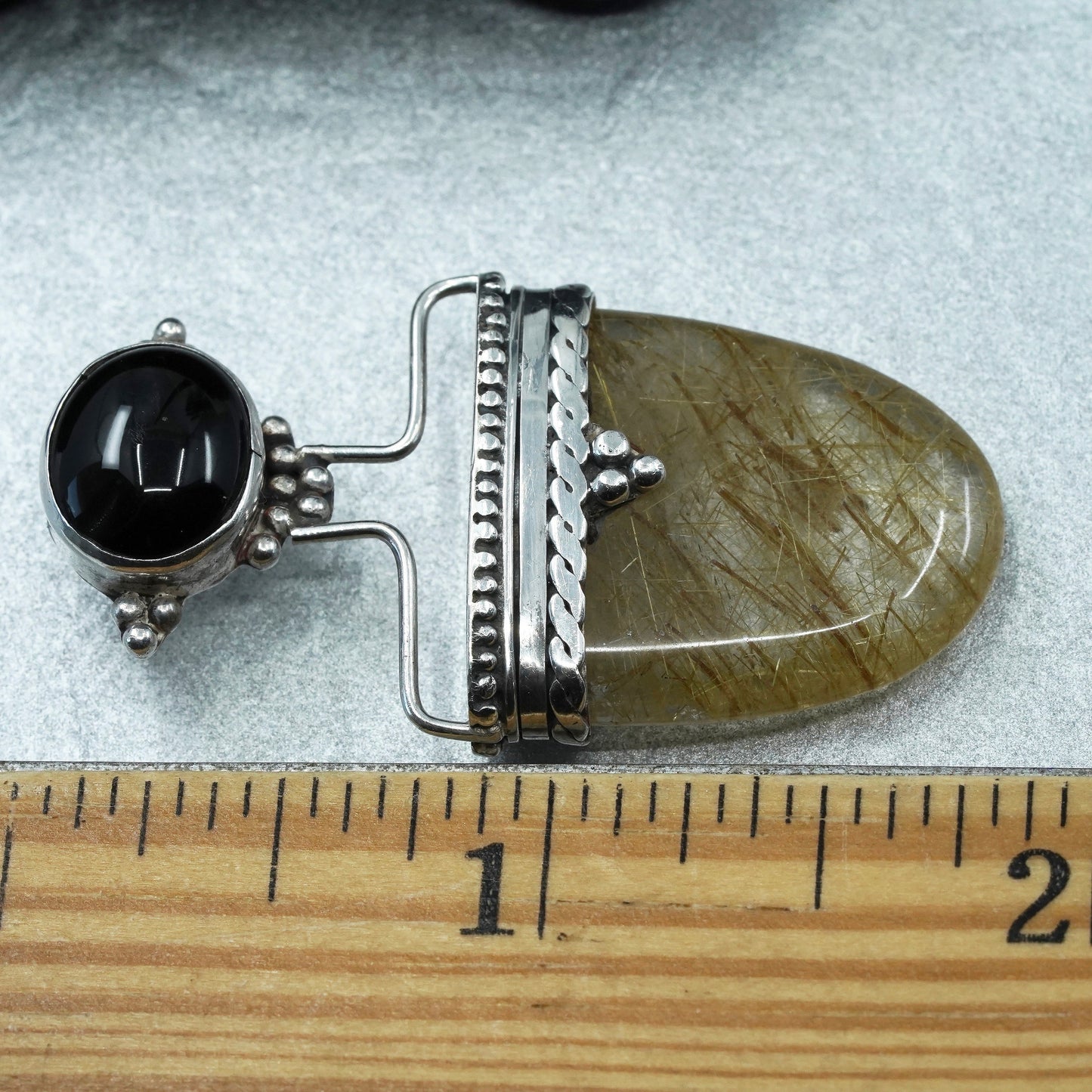Vintage sterling 925 silver handmade pendant with rutilated quartz and onyx