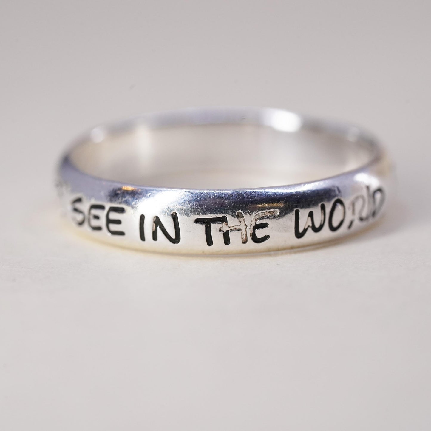 Size 8, sterling silver ring, 925 quote band, "you wish to see world be change"