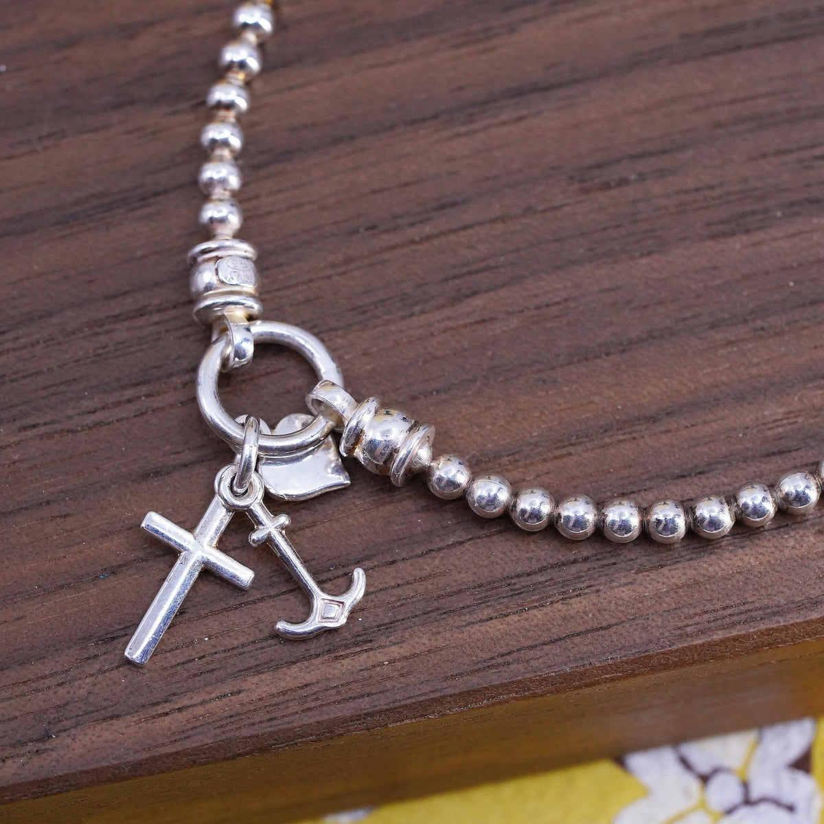 7”, VTG Italian Sterling 925 silver beads bracelet cross heart anchor charms