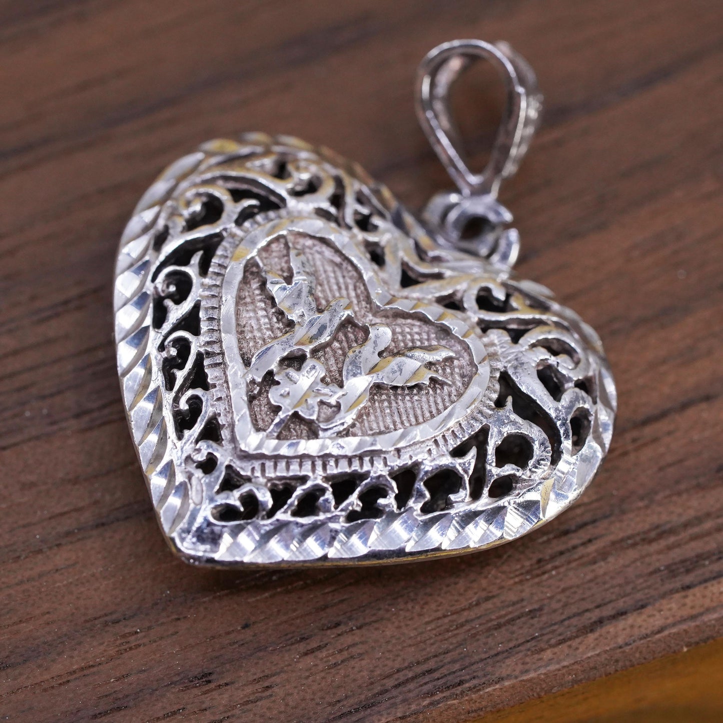 VTG Sterling silver handmade double side pendant, 925 filigree heart pendant