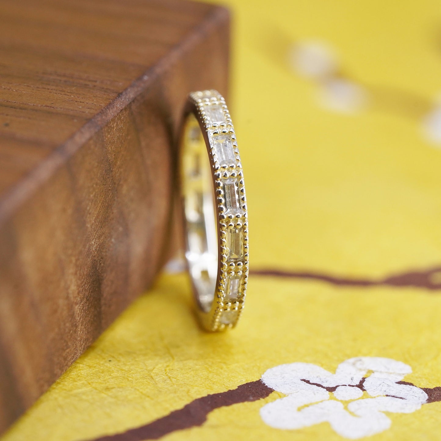 Size 7, VTG vermeil gold over Sterling silver ring, 925 stackable band with cz