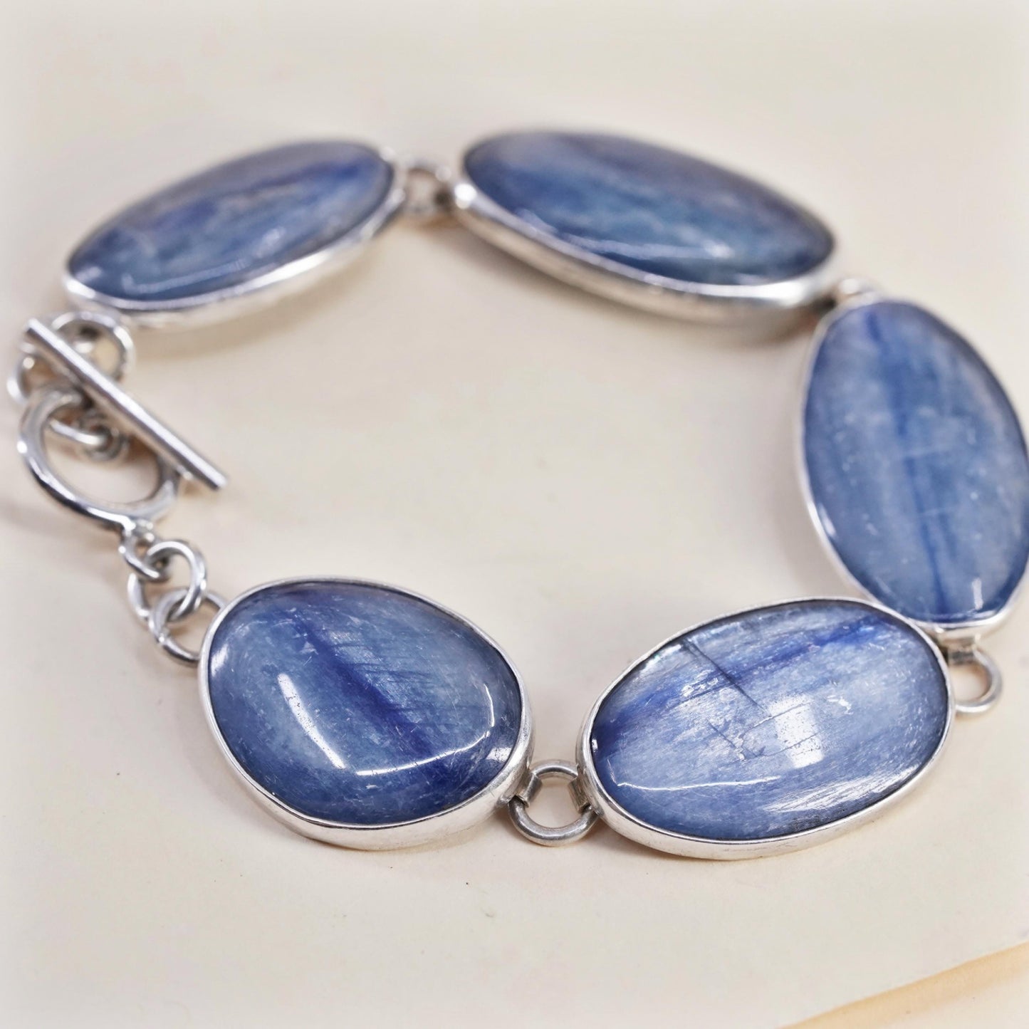 7”, Sterling 925 Silver Blue Kyanite Bracelet, Oval Kyanite Cabochon chain