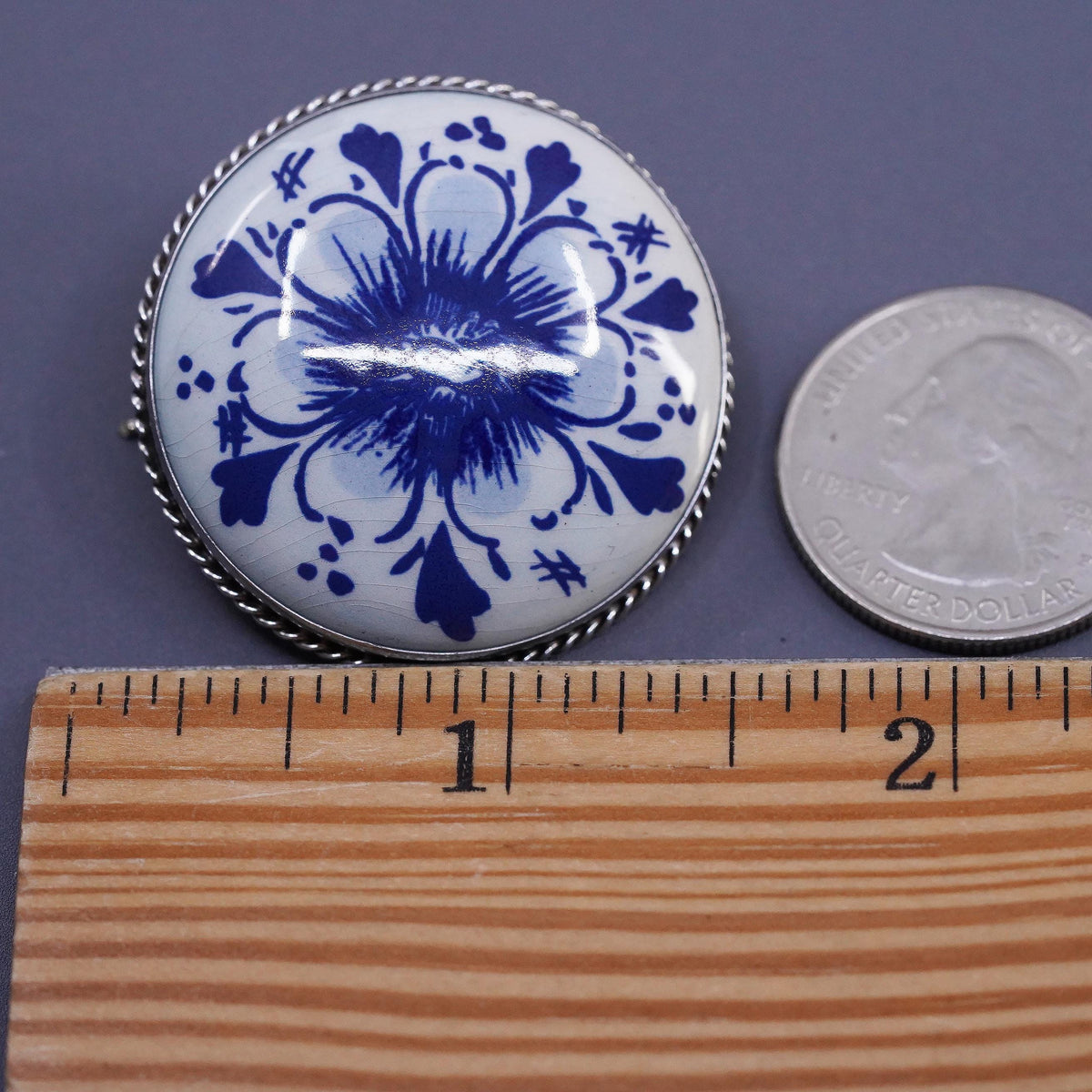 Delft Blue Porcelain Floral Brooch Sterling 925 Silver Hand Painted Dutch Pin