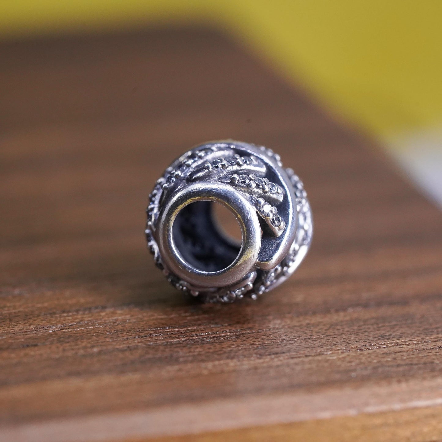 Vintage Sterling 925 silver handmade pendant leaf bead charm with cluster cz