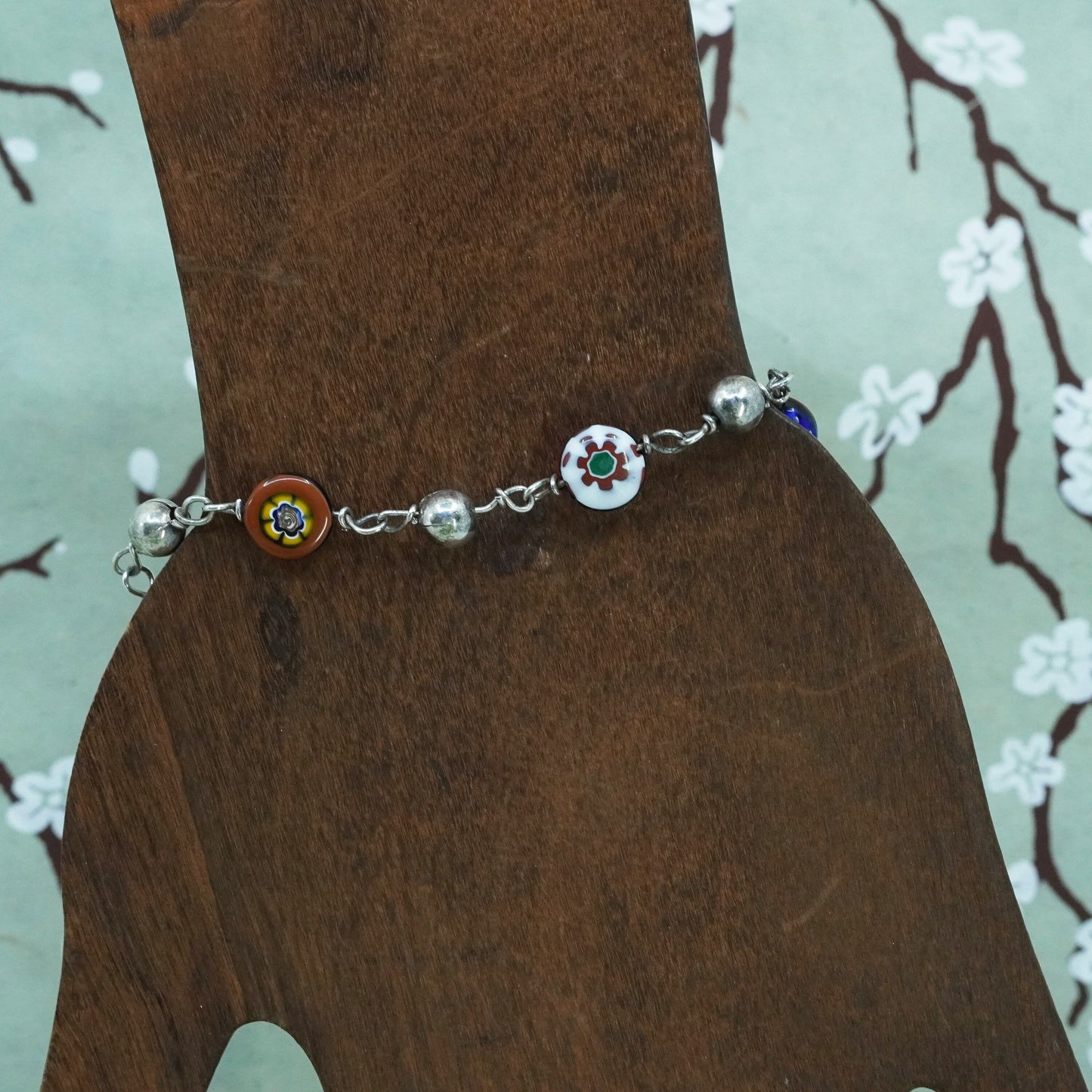 7”, vintage Italy Sterling 925 silver bracelet with artisan Murano glass beads
