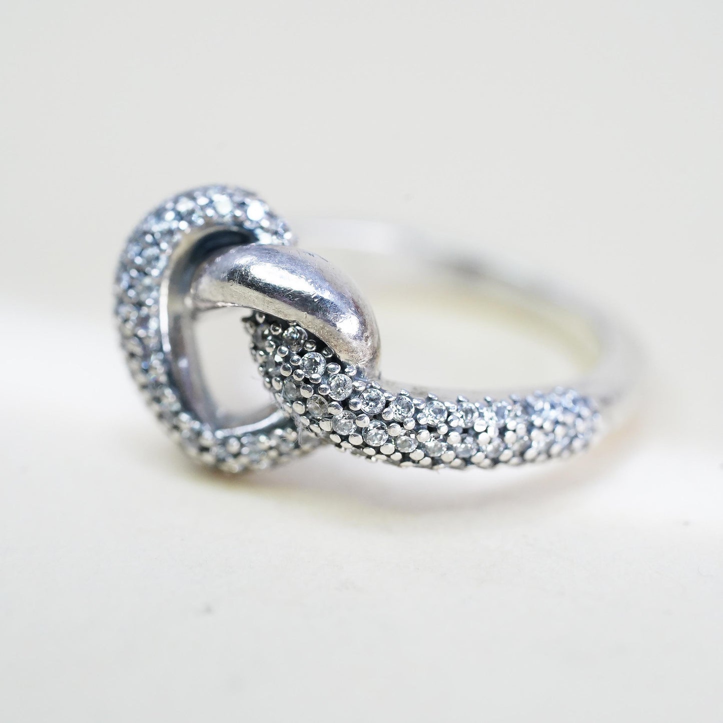 Size 4.25, VTG ALE Pandora Sterling 925 silver ring cluster cz knotted heart