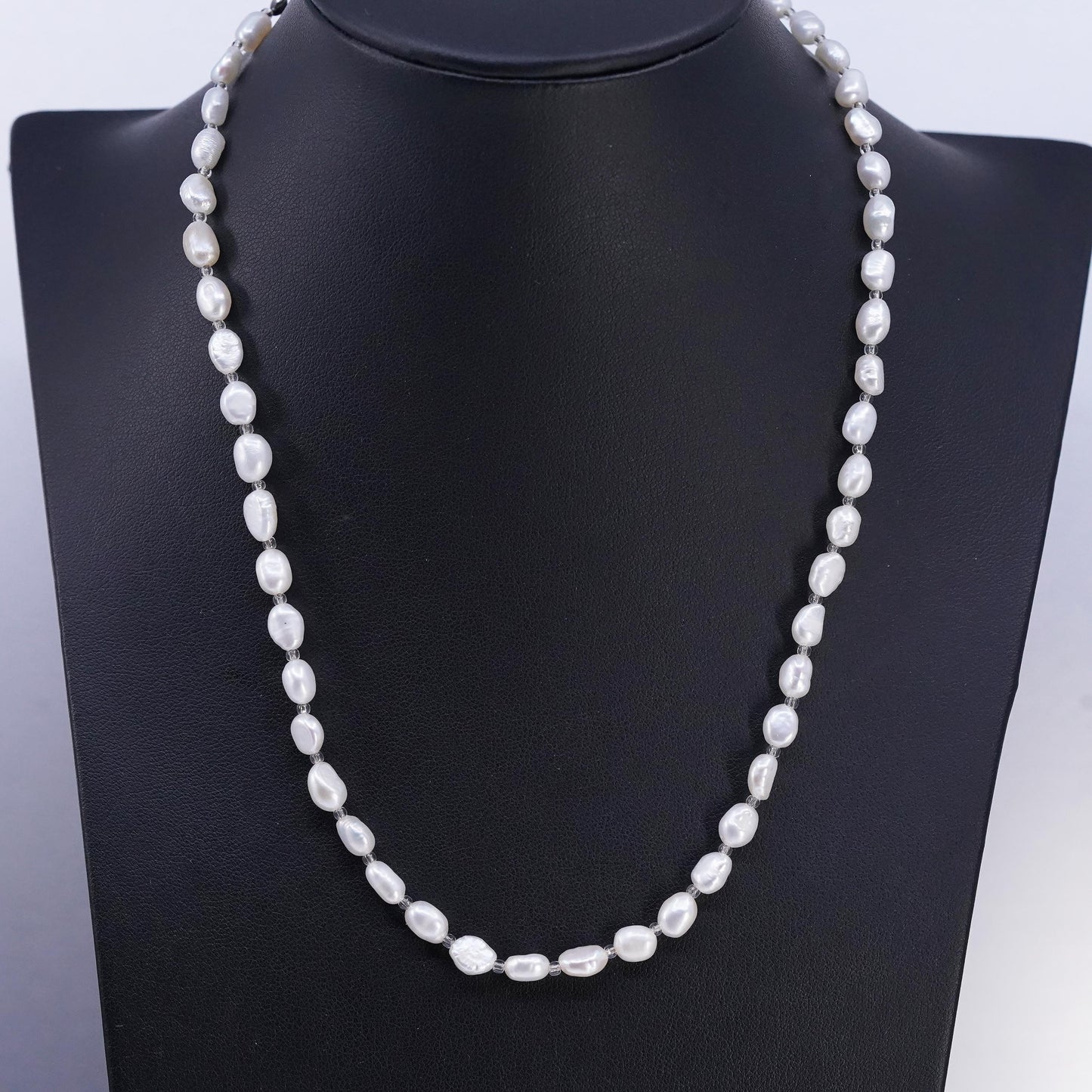 18", vintage sterling 925 silver necklace w/ 6mm freshwater baroque pearl beads