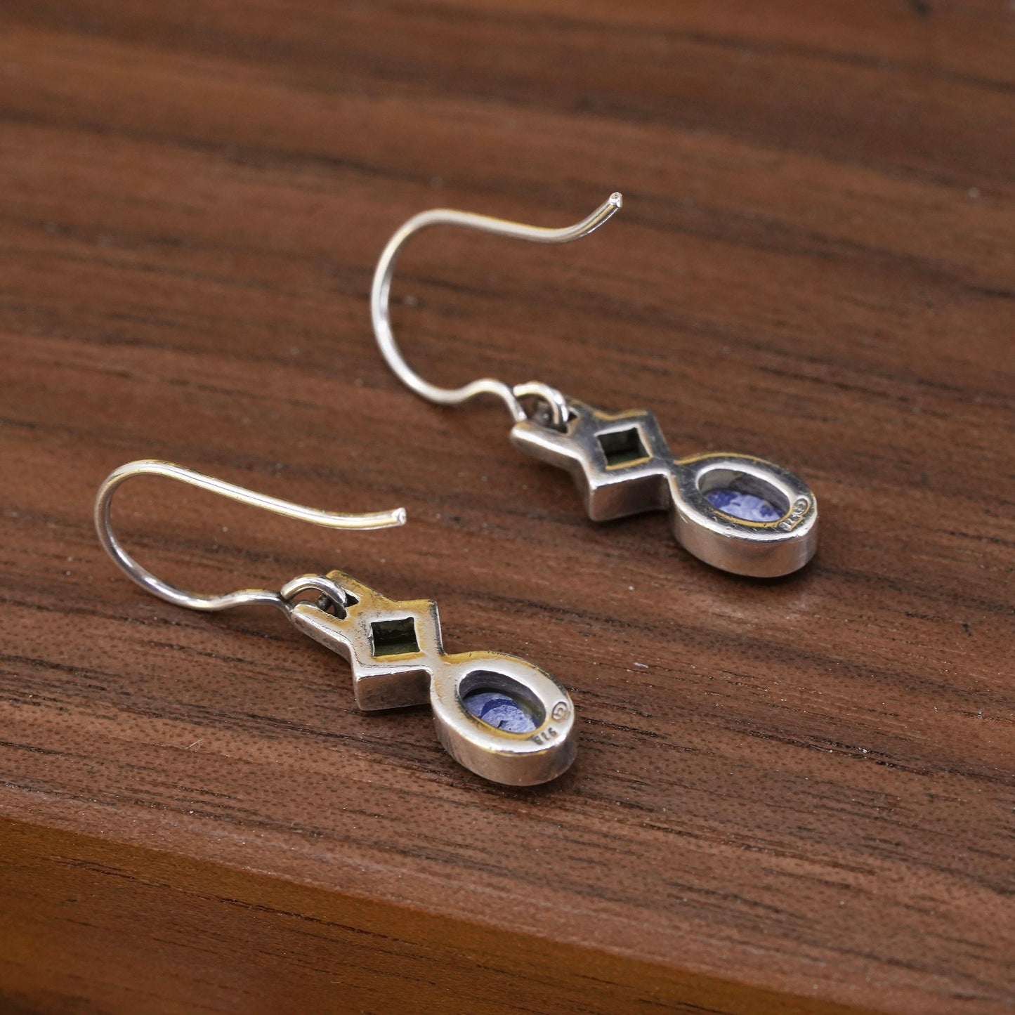 Vintage sterling 925 silver handmade earrings with denim lapis lazuli bead