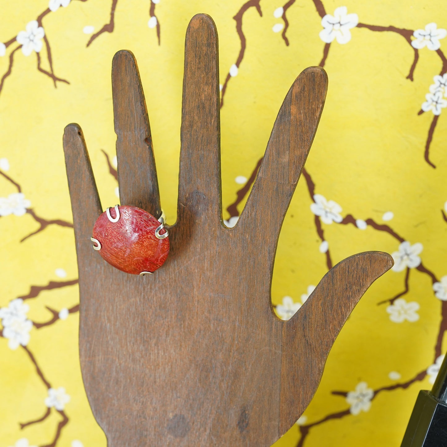 Size 4.5, Sterling silver handmade statement ring red coral, Native American