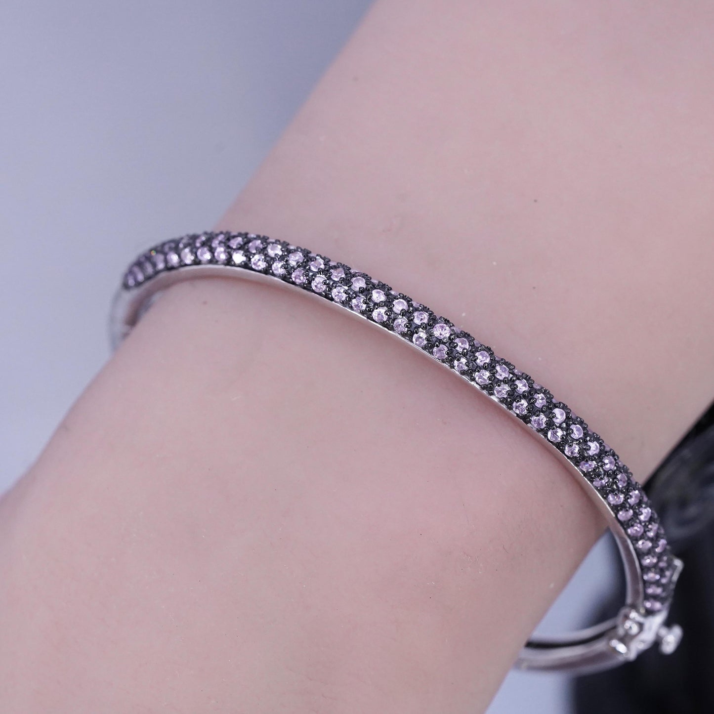 6.75", Vintage Sterling 925 silver bracelet, hinged bangle with cluster pink cz