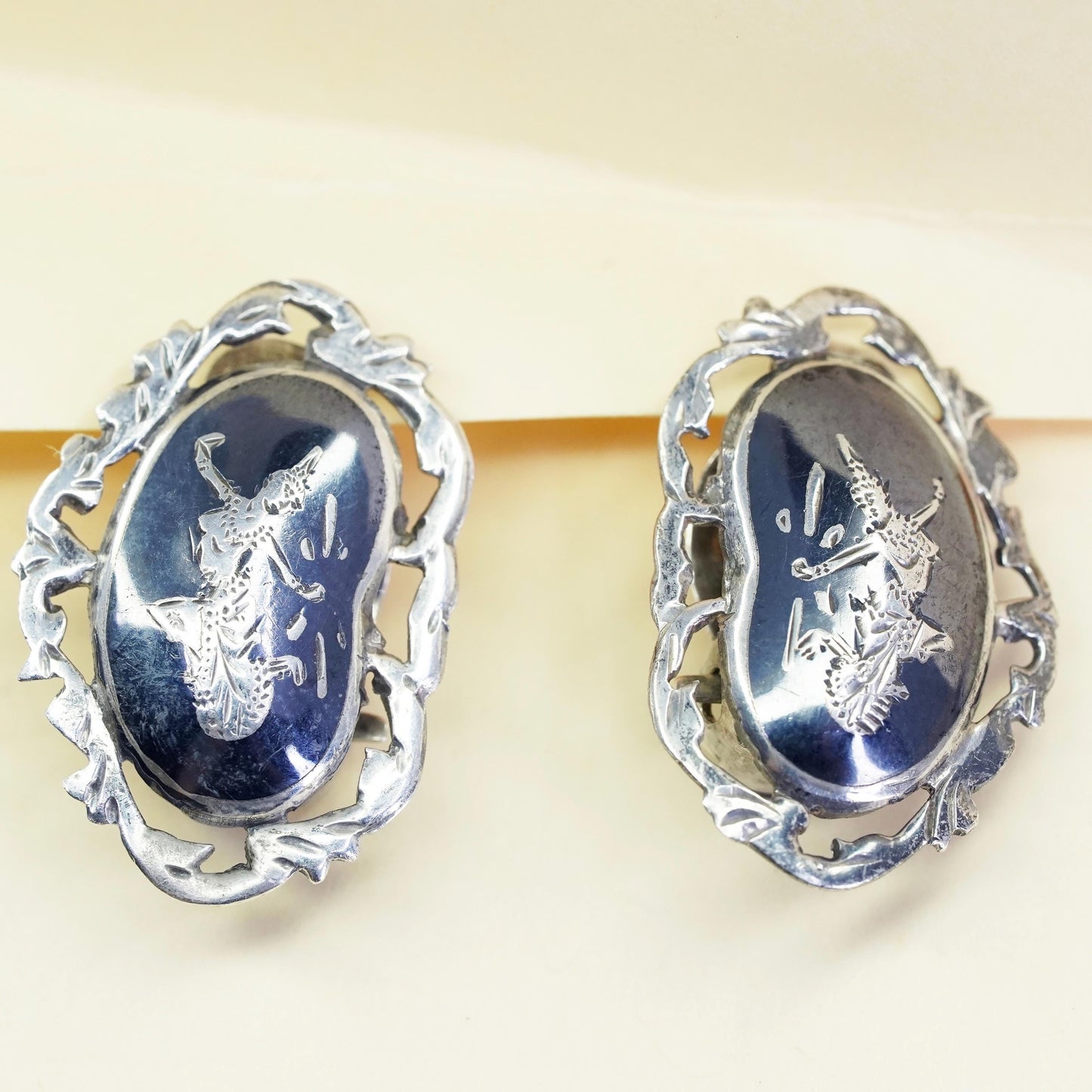 Vintage Sterling silver handmade earrings, oxidized 925 clip on Indian goddess