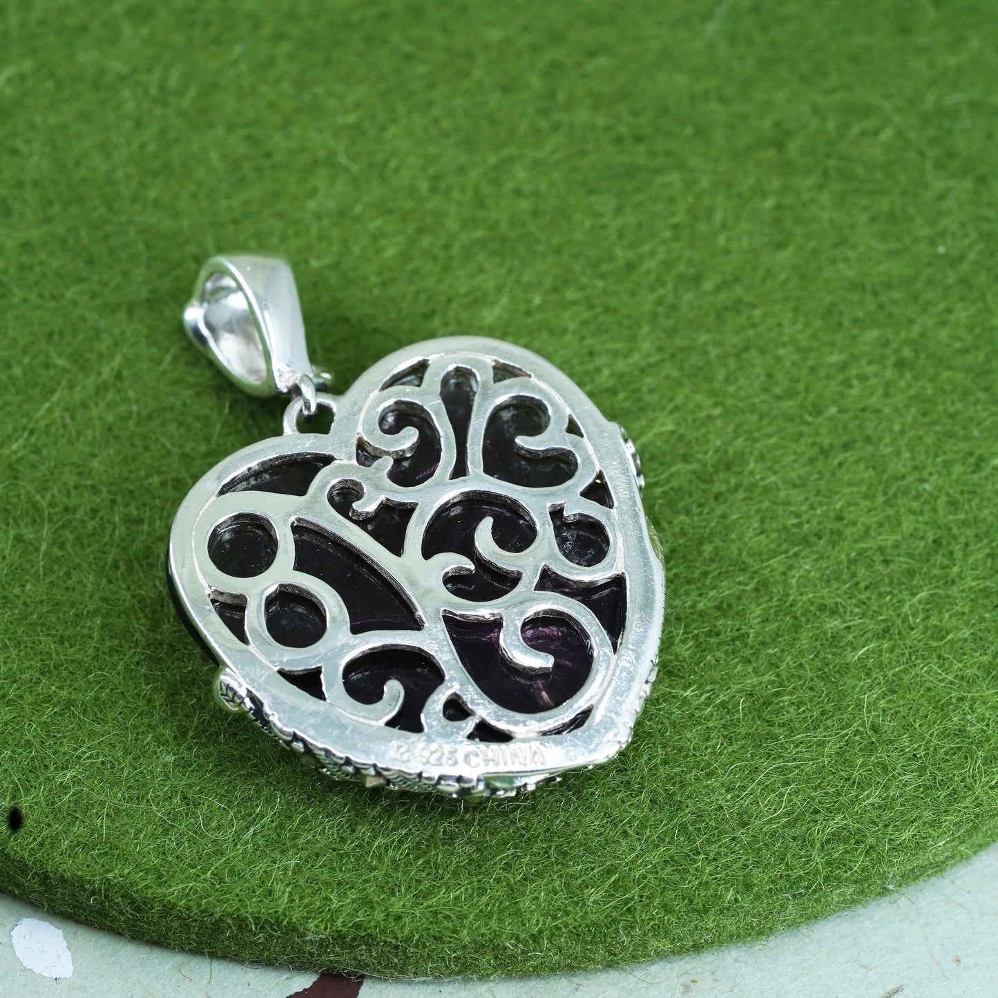 SLC sterling silver pendant, 925 filigree with marcasite purple garnet heart