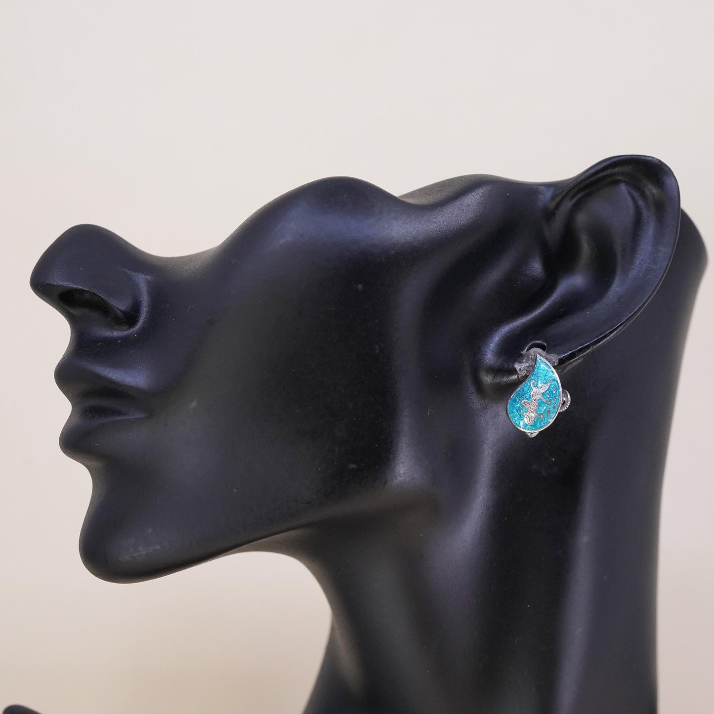 Sterling silver single earring, 925 teardrop screw back Indian blue enamel