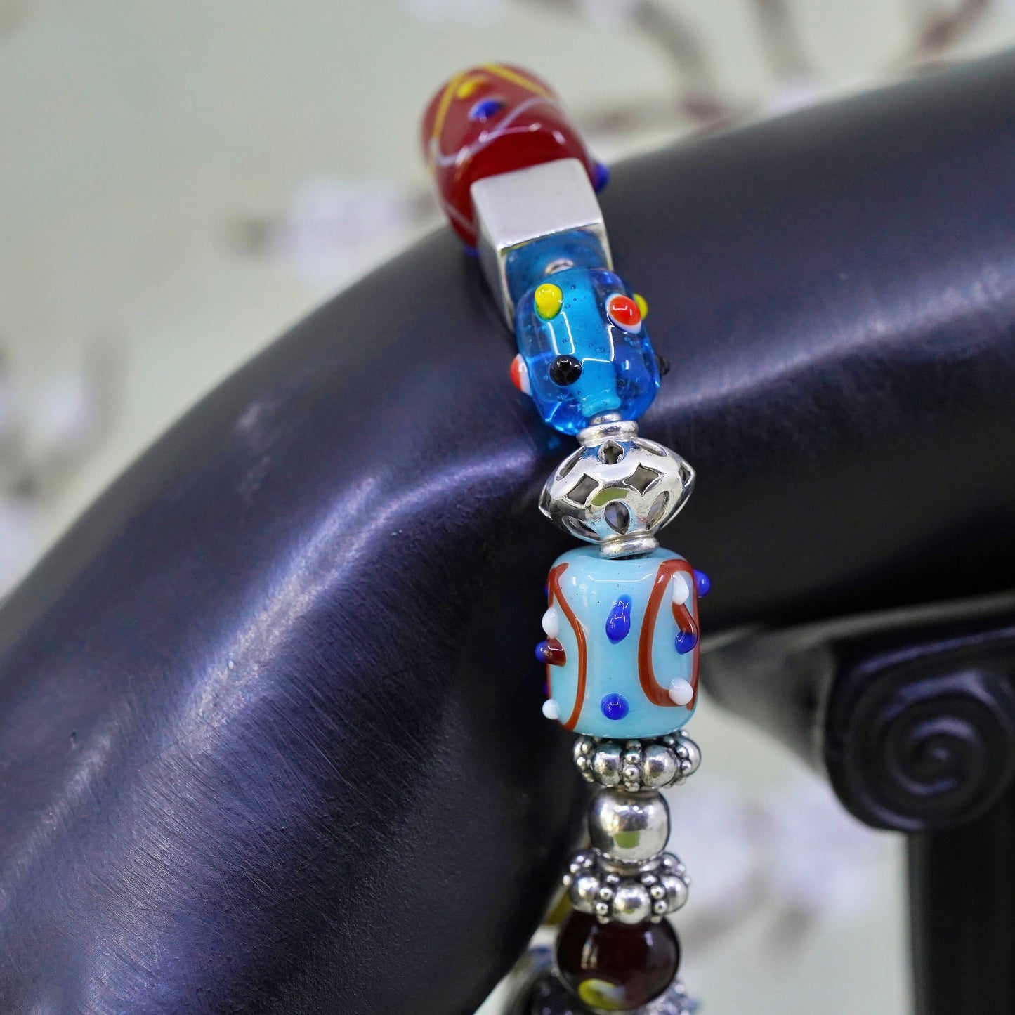 7”, VTG Silpada Sterling Silver Lampwork Art Glass Bead Toggle Bracelet B0871