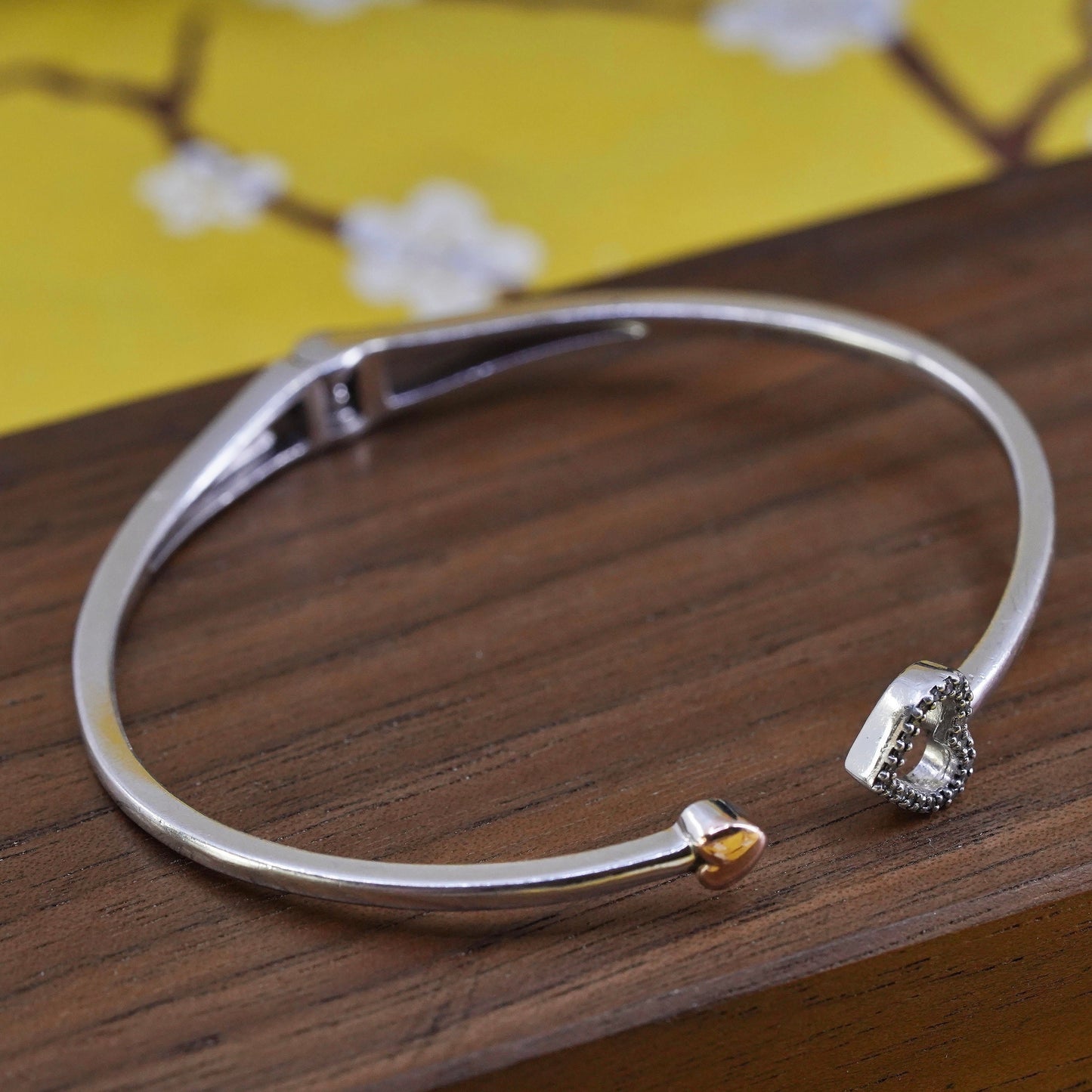 6.25”, Sterling silver 10K rose gold heart bracelet, 925 cuff cluster diamonds
