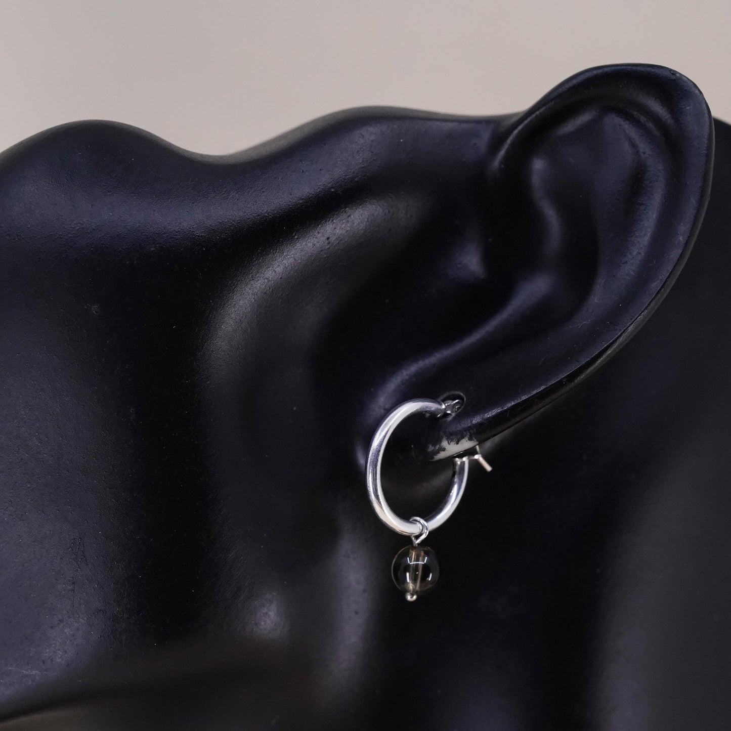 0.5”, VTG sterling 925 silver loop handmade earrings, smoky quartz bead hoops