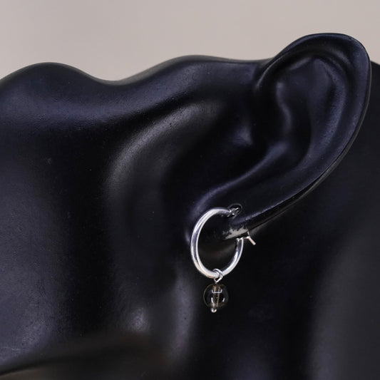 0.5”, VTG sterling 925 silver loop handmade earrings, smoky quartz bead hoops