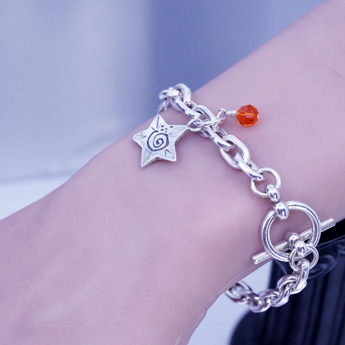 6.75", vintage Prochain Sterling silver bracelet, 925 bold oval star tag charm