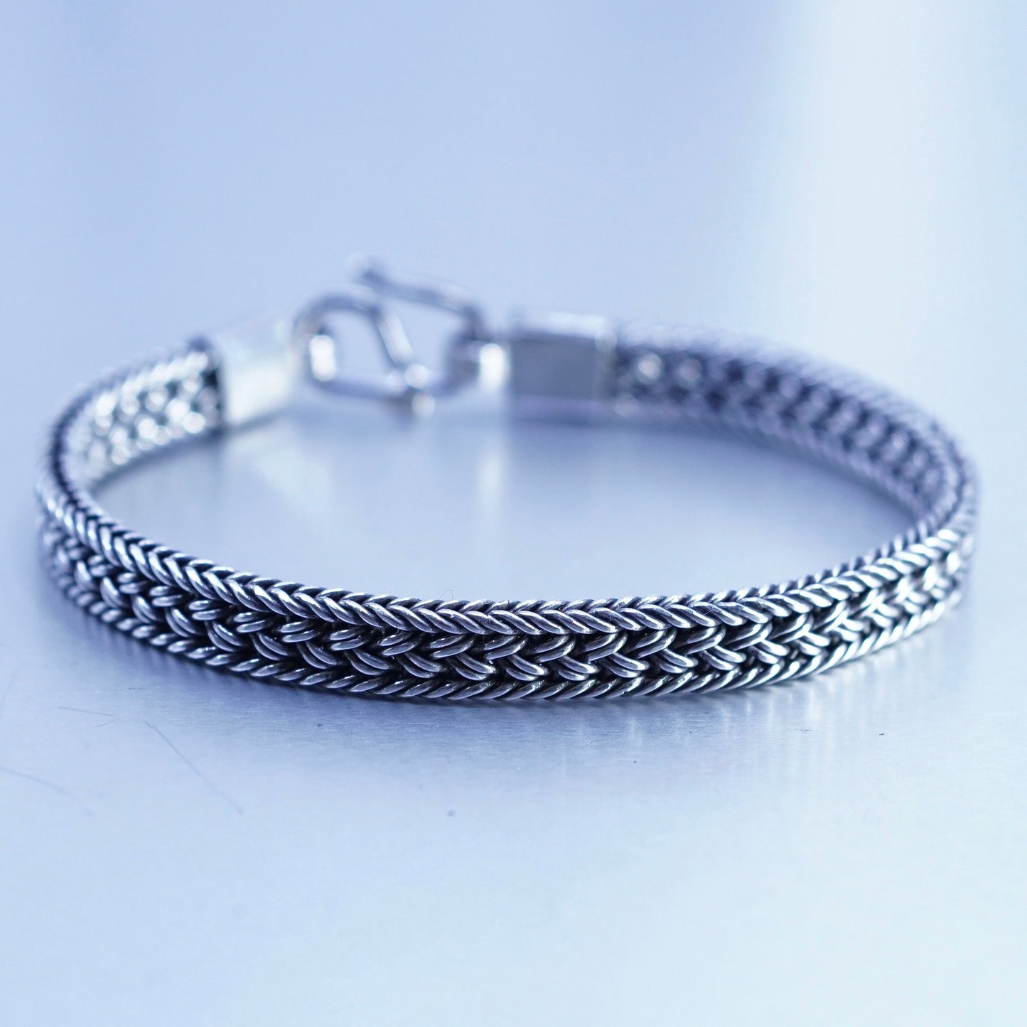7.25”, vintage sterling 925 silver handmade bracelet, braided woven wheat chain