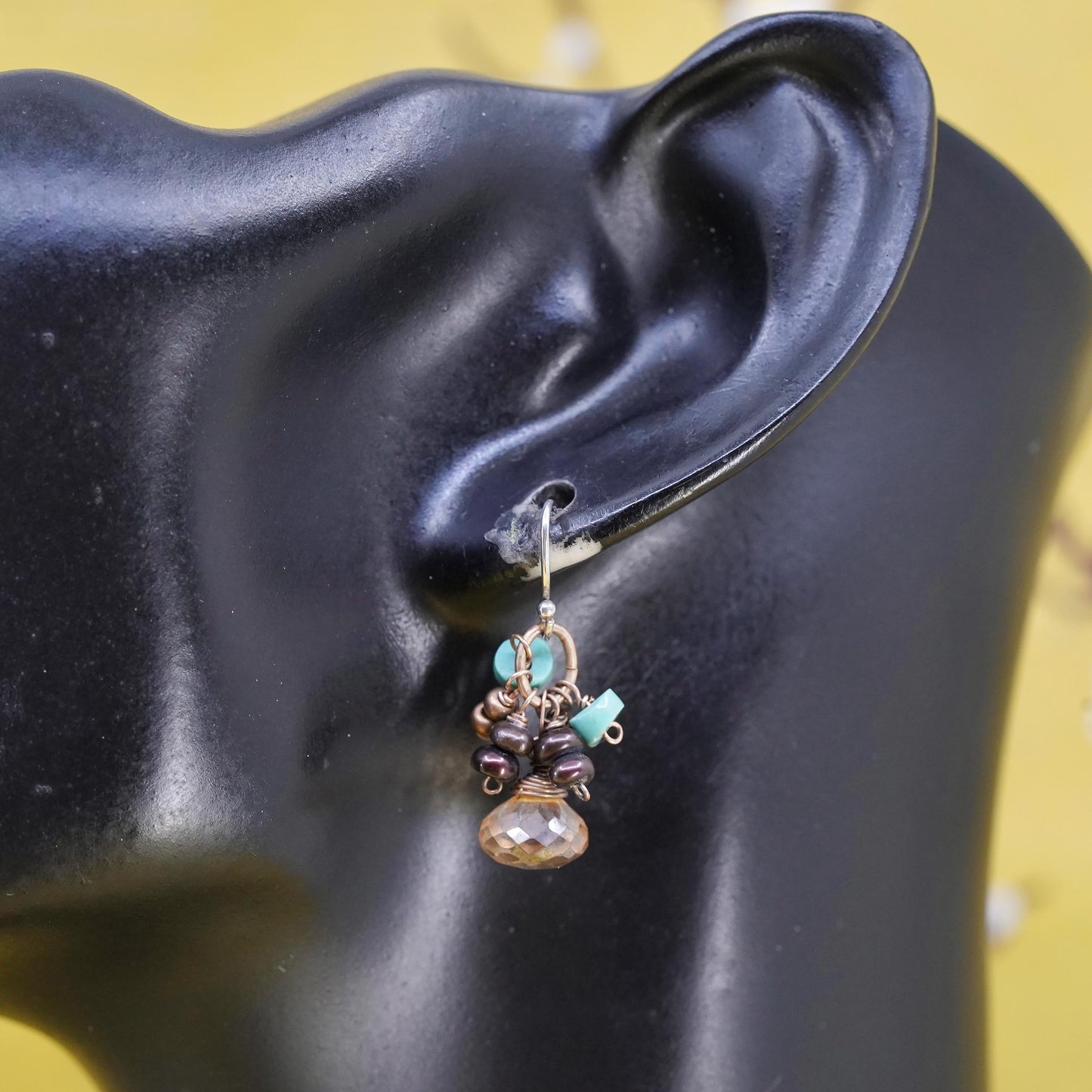VTG sterling silver handmade earrings, 925 teardrop citrine turquoise beads