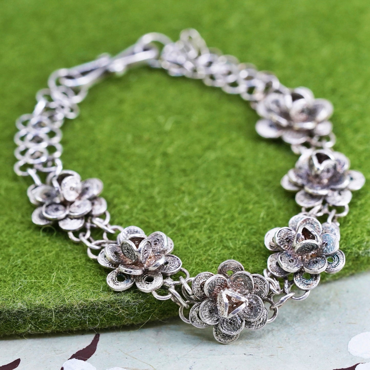 5.75", vintage sterling silver handmade bracelet, 800 filigree flower chain