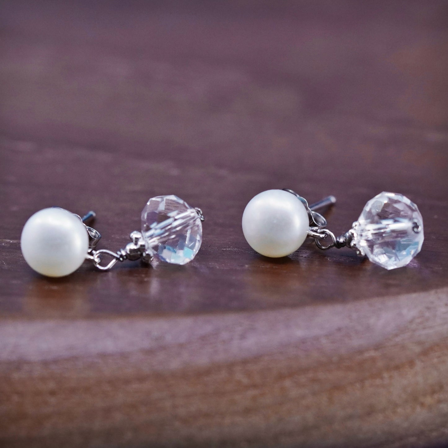 Vintage Sterling 925 silver handmade earrings with pearl and crystal