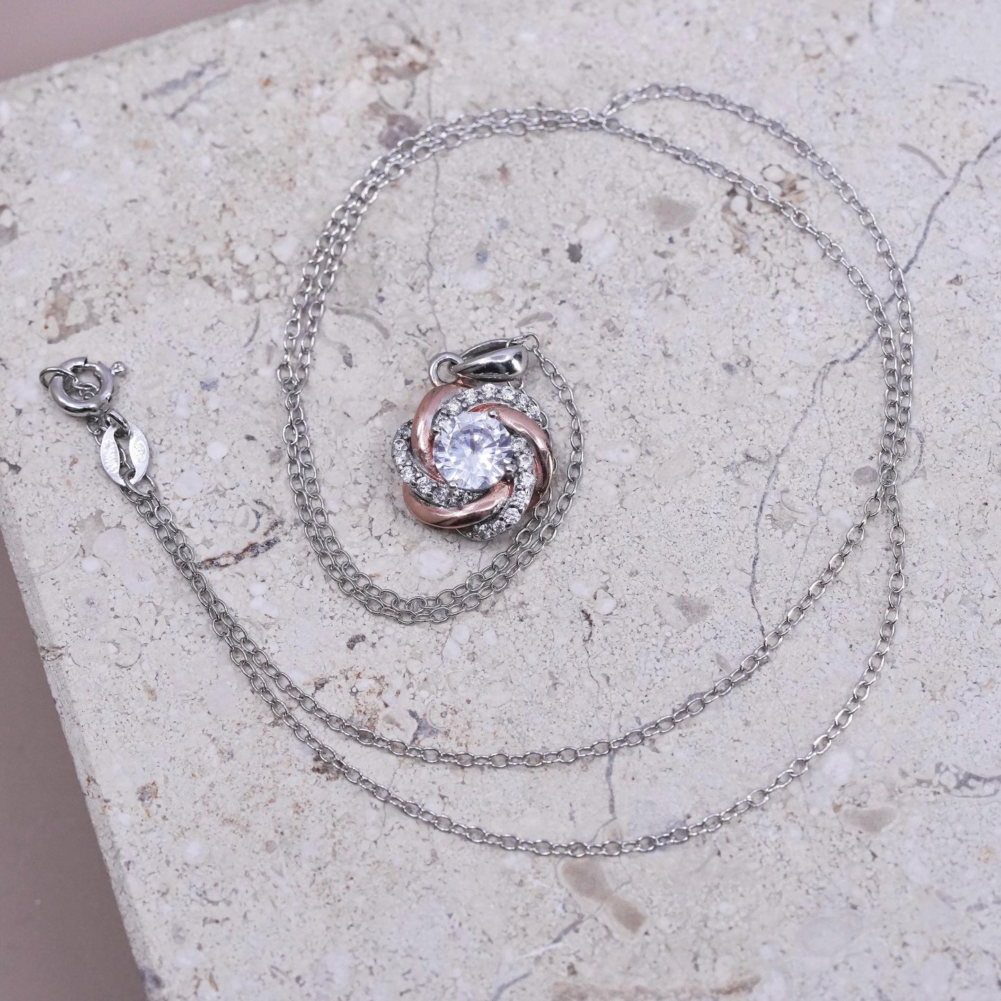 18”, vintage Sterling silver handmade necklace, 925 circle chain w/ cz pendant