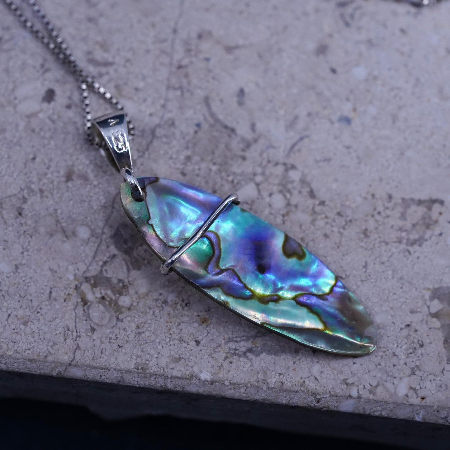 16”, vintage Sterling 925 silver circle chain necklace abalone turtle pendant