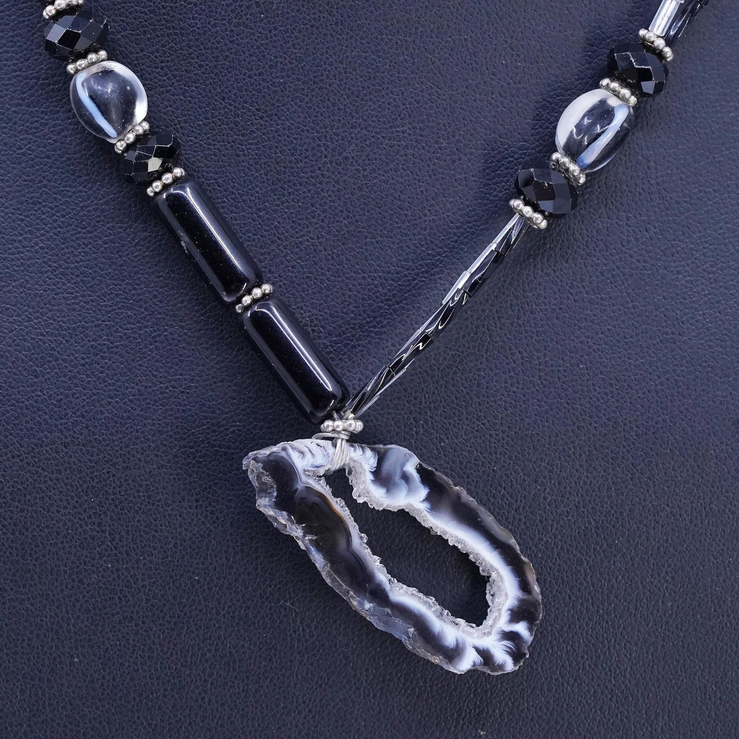 18” Sterling 925 Silver black agate beads necklace with pendant toggle closure