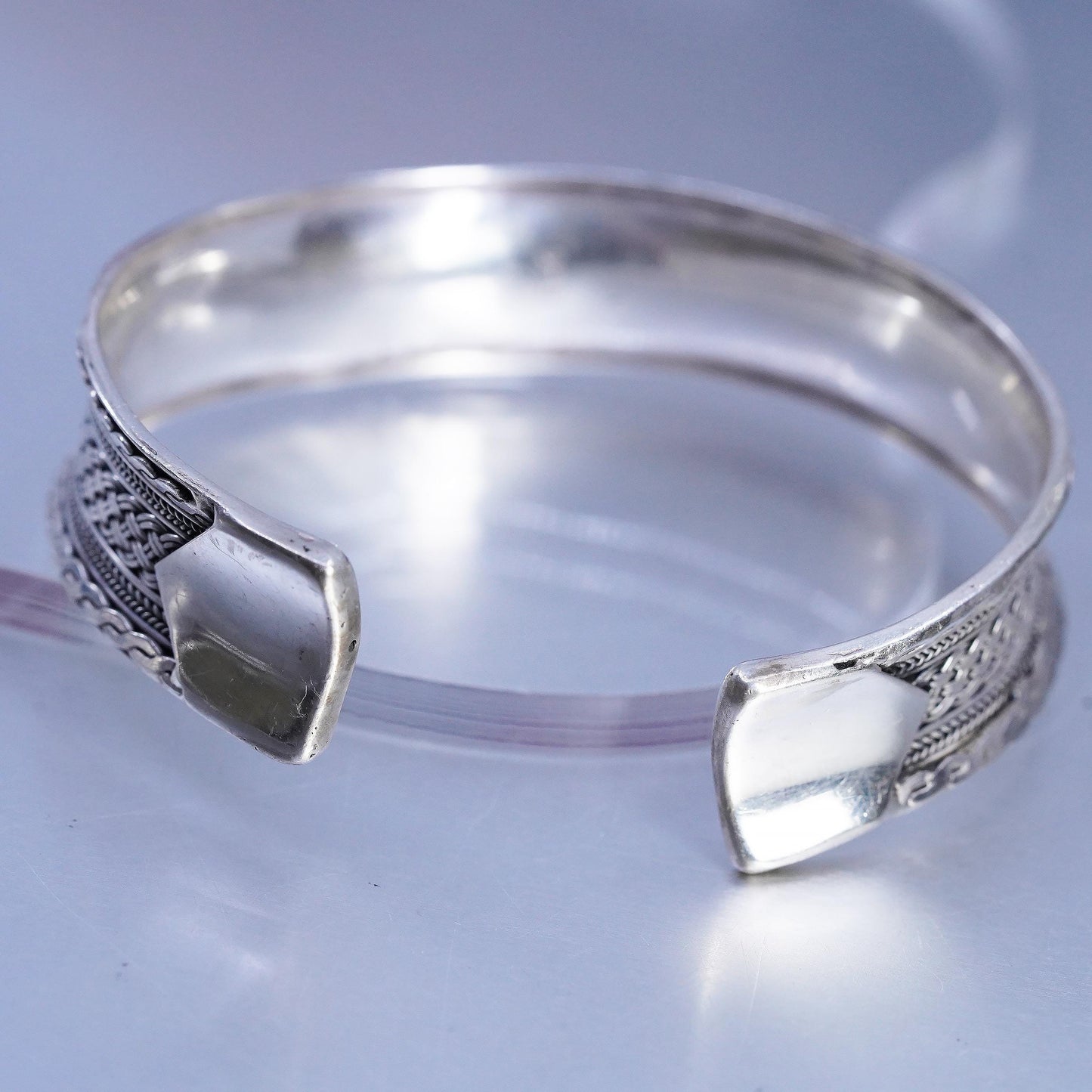 7", Vintage Thai 925 Sterling Silver Cuff Bracelet, Woven Braid Wide Bangle
