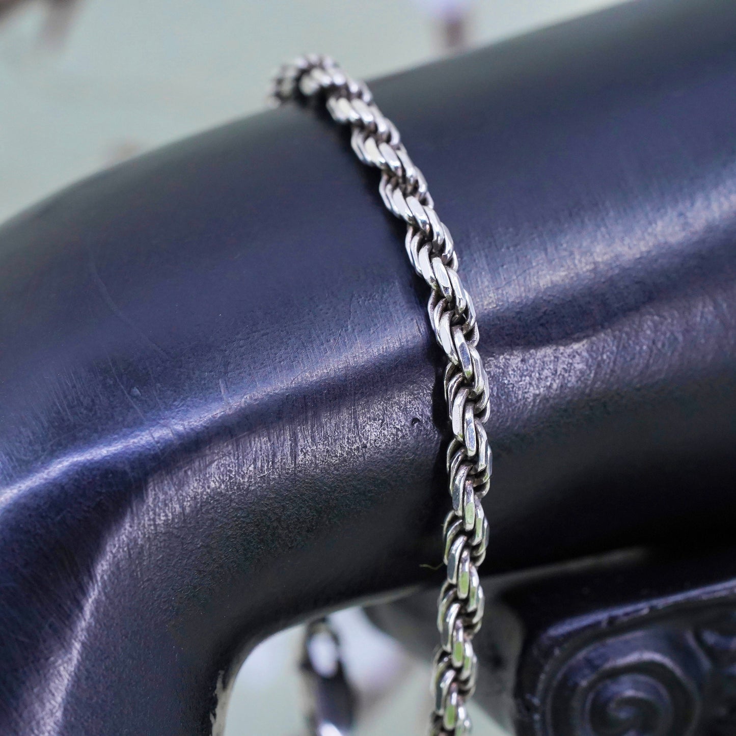 6.5", 4mm, Vintage sterling 925 silver Italy rope chain bracelet