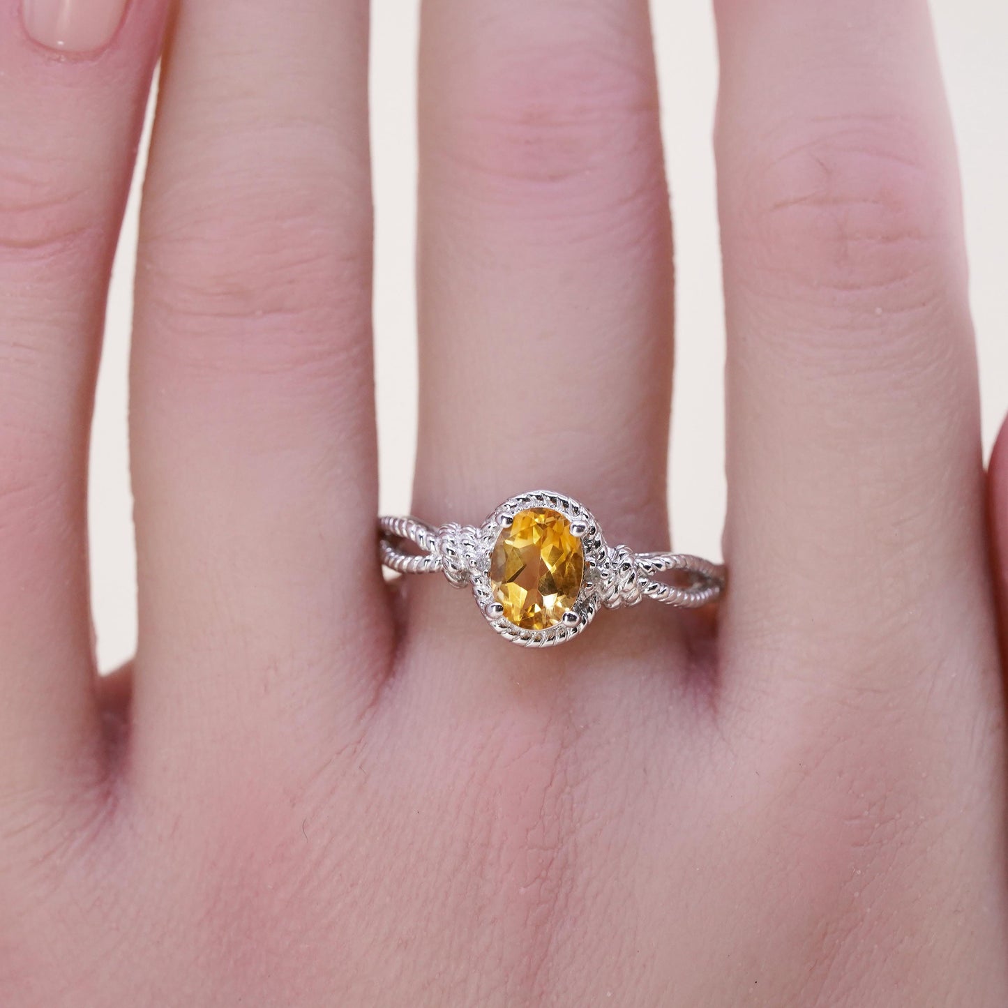 Size 10, vintage Sterling silver ring, 925 silver cable band with oval citrine