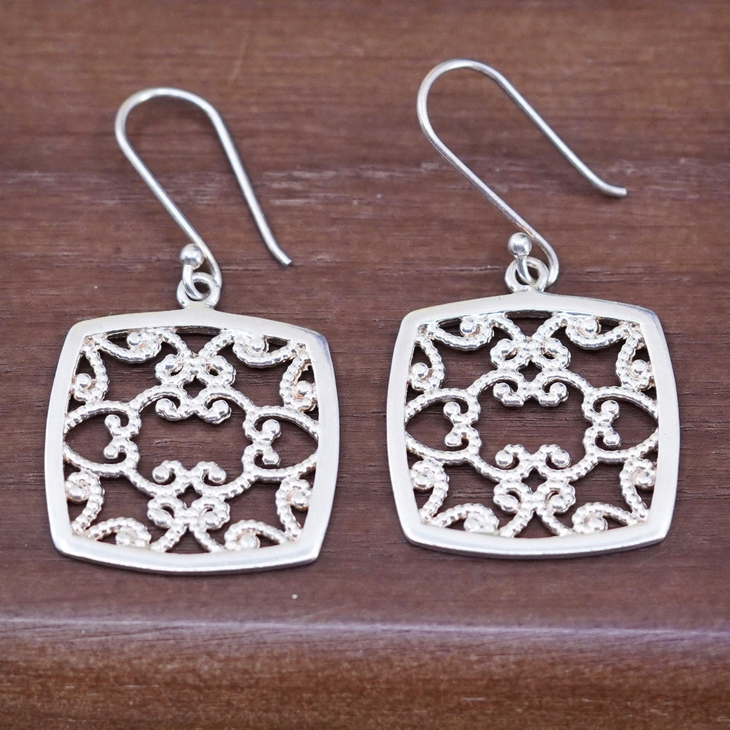 Vintage Sterling silver handmade earrings, 925 filigree square dangle