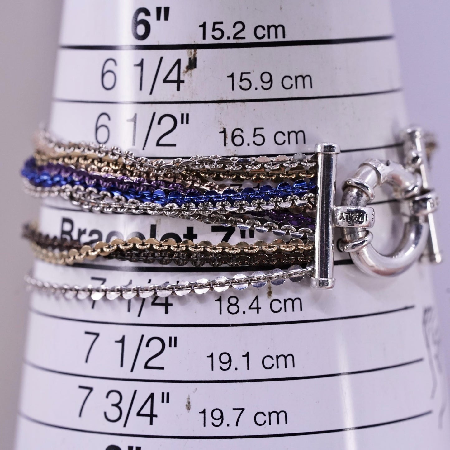 7", vintage Italian Sterling silver bracelet, 925 multi 10 strands curb chain