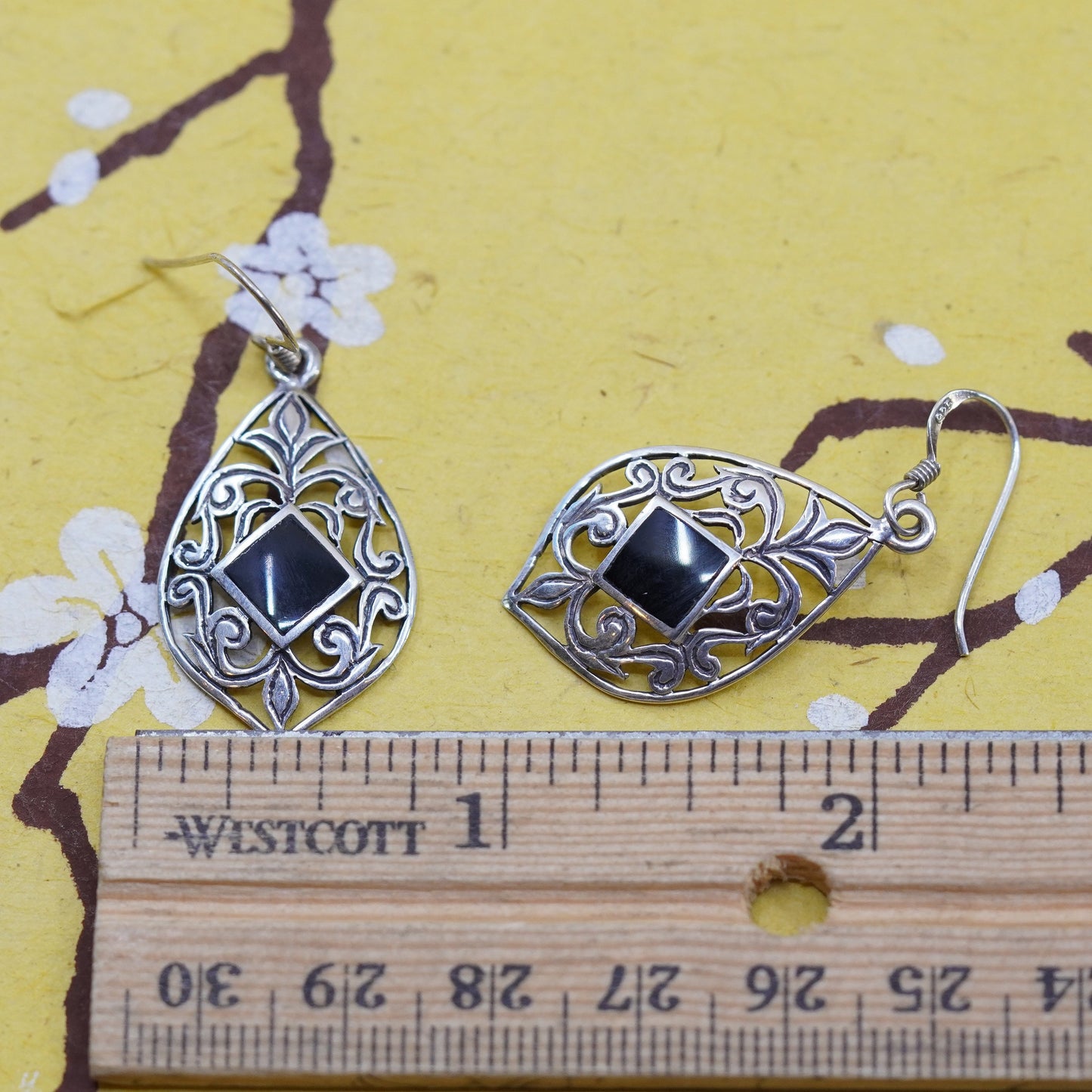 Vintage Sterling silver handmade earrings, 925 filigree dangle with onyx inlay