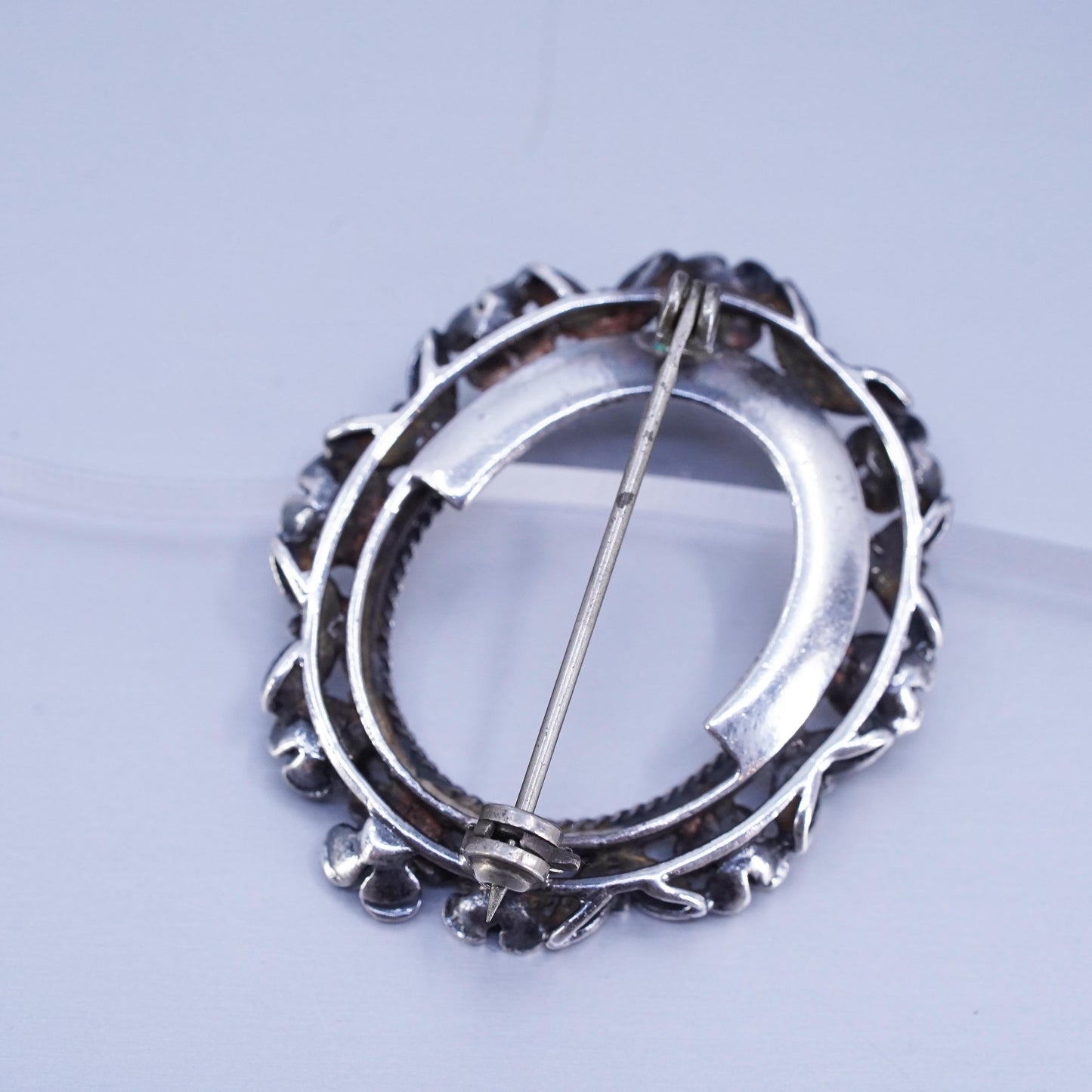Vintage sterling silver handmade brooch, 925 flower oval photo pin