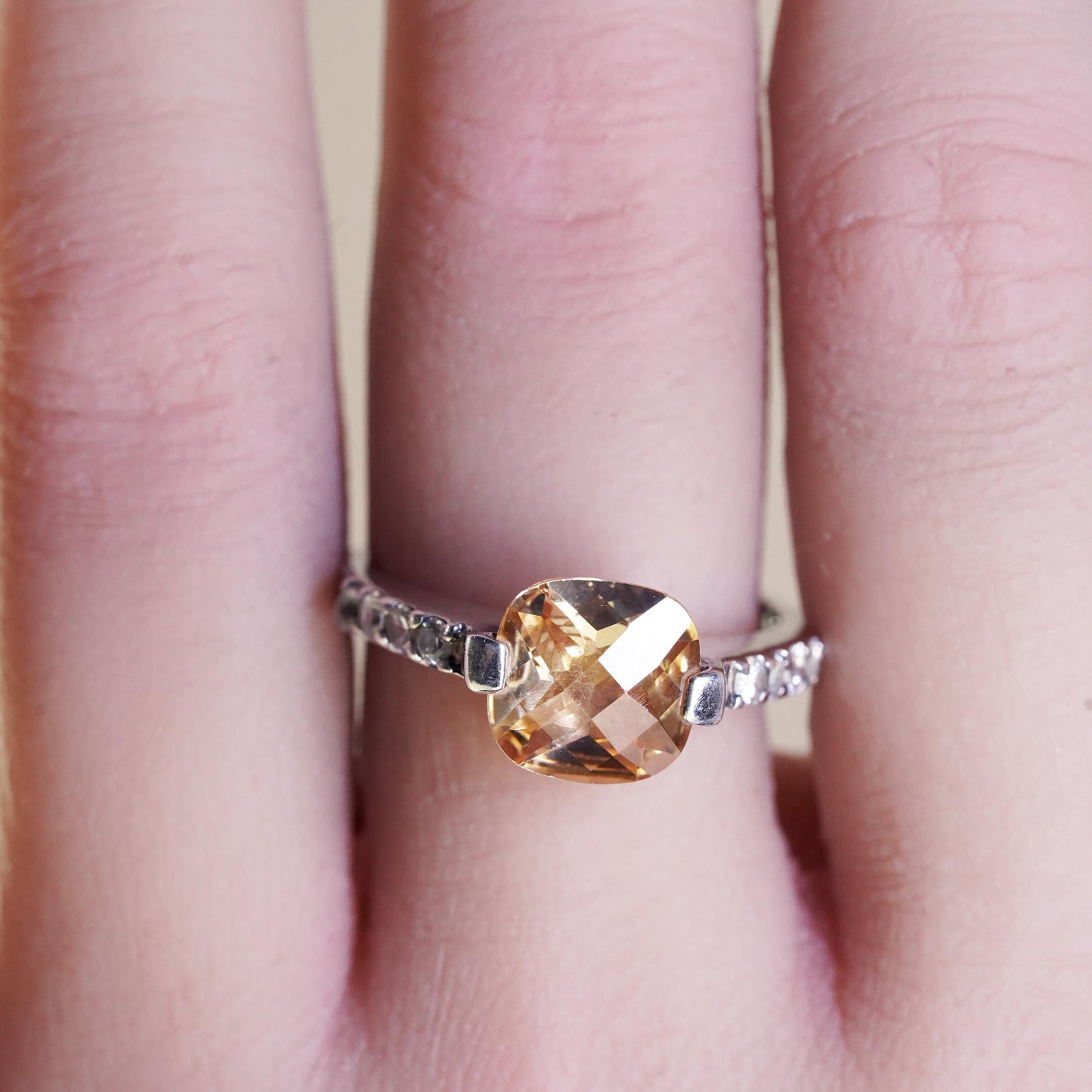 Size 8, vintage Sterling 925 silver handmade ring w/ square citrine cluster cz