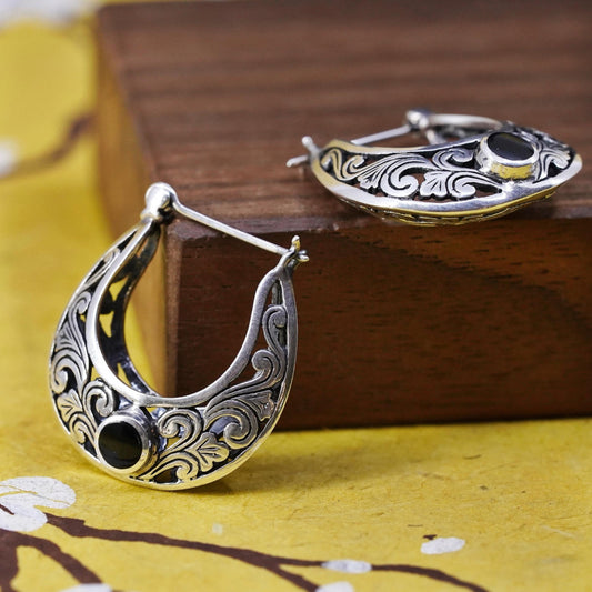 1”, Vintage Sterling silver earrings, 925 huggie, filigree hoops, Bali onyx
