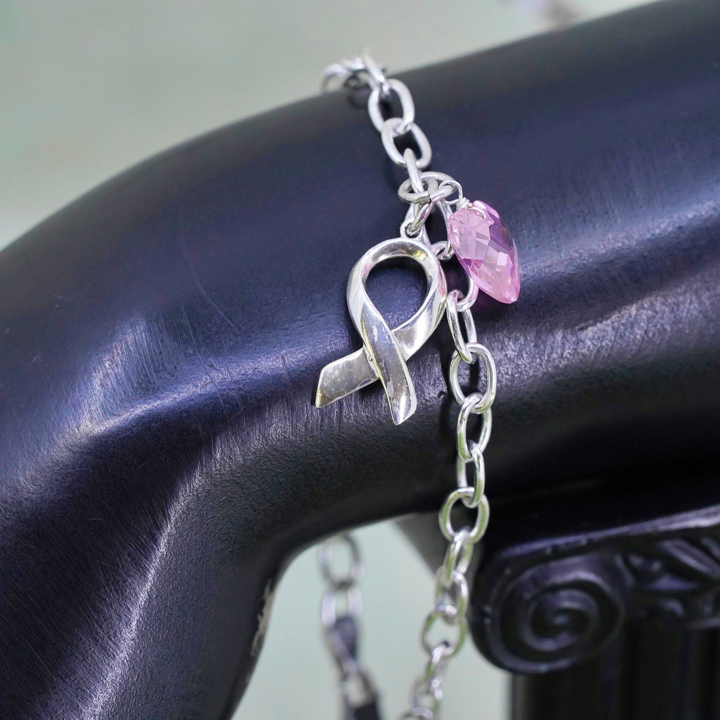 7", sterling silver circle bracelet, 925 chain Cz heart breast cancer survivor