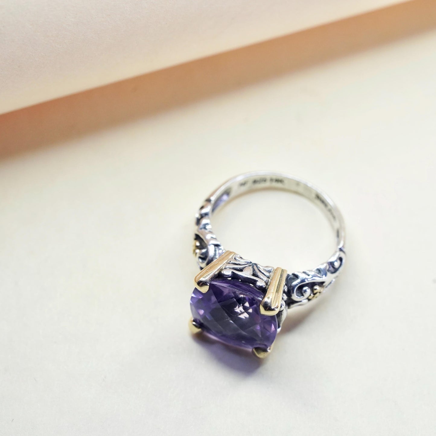 Size 7, two tone Sterling silver textured ring amethyst 14K yellow gold beads