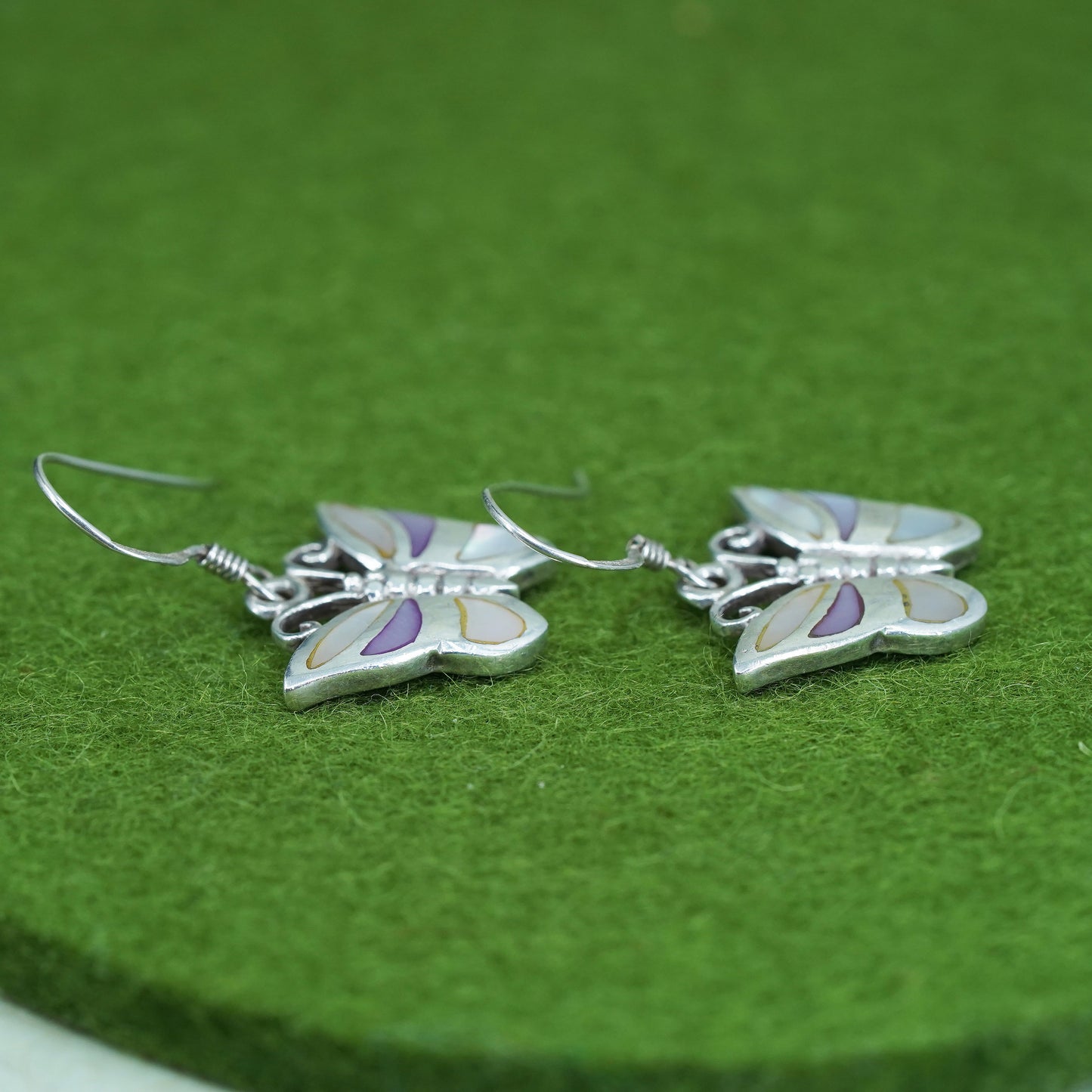 sterling silver handmade earrings, 925 butterfly with mother of pearl inlay