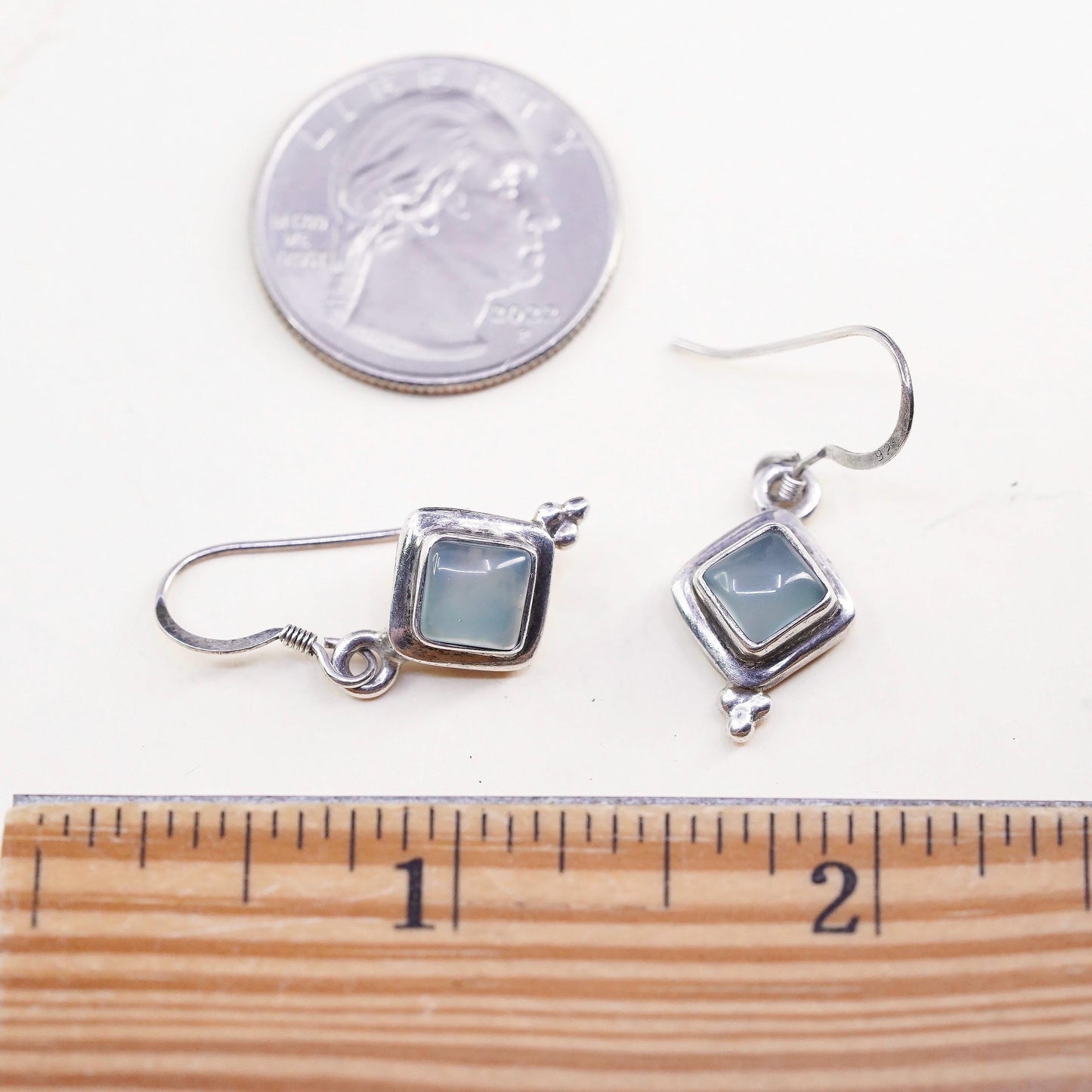 Vintage Sterling 925 silver handmade earrings with square Chalcedony